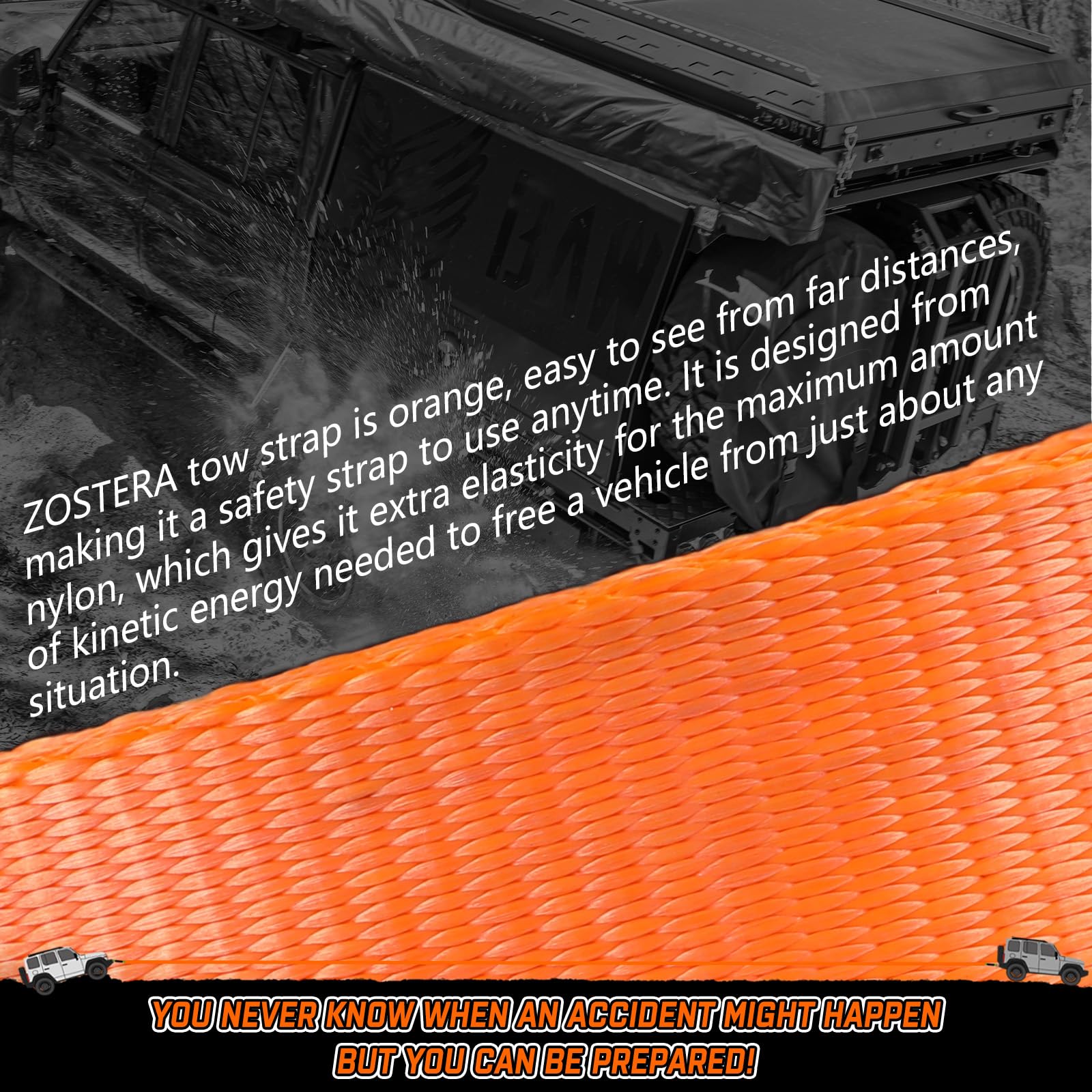 Correa de Remolque Resistente de 3 Pulgadas x 20 pies (Naranja) Probada, Resistencia a la Rotura de 35 Libras, Cuerda de Remolque Todoterreno de Emergencia con Bolsa de Almacenamiento de grillete de