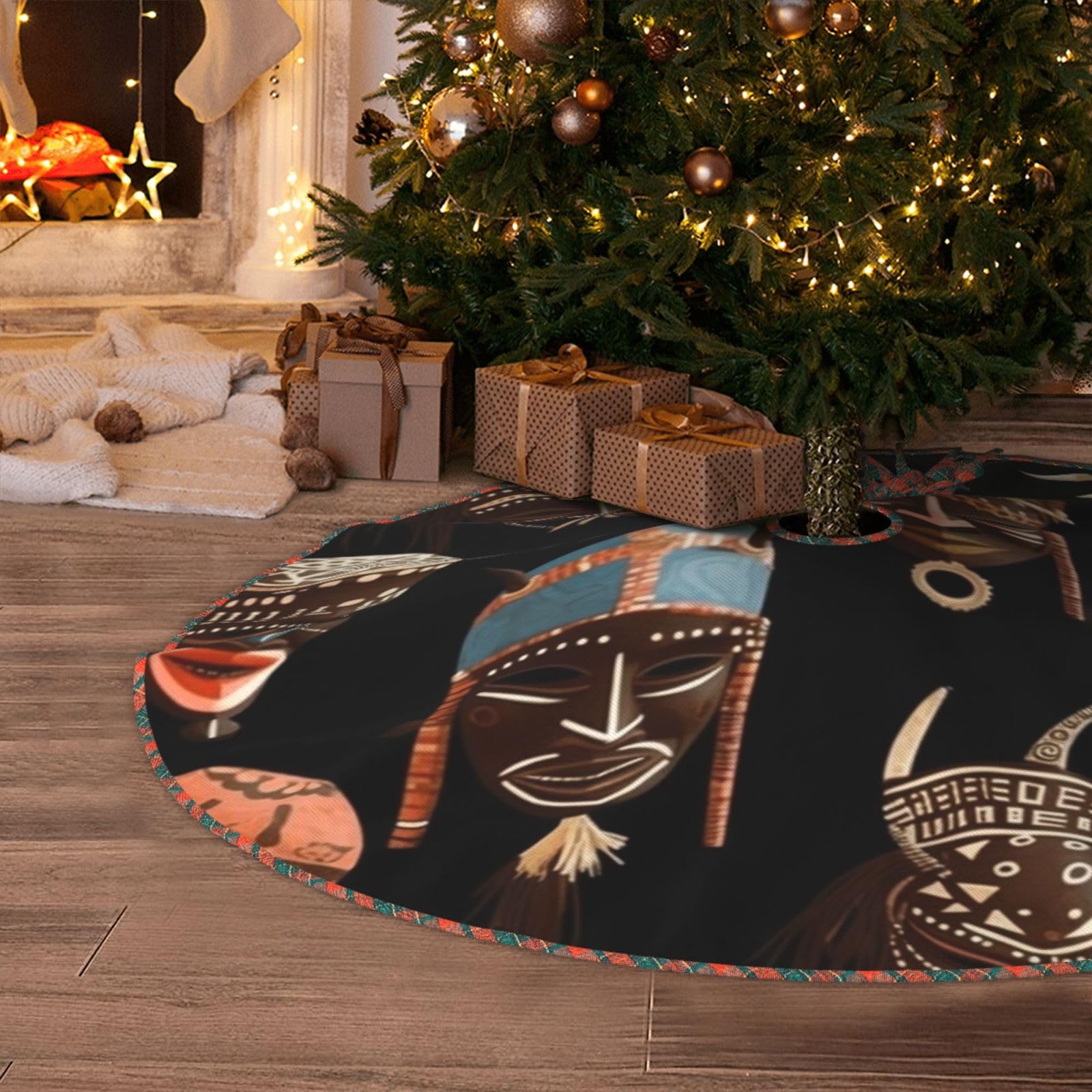 African Ritual Ethnic Tribal Christmas Tree Skirt 30" Artificial Tree Mat Cover Merry Christmas Burlap Xmas Tree Skirt for Christmas Decoration Holiday Indoor Outdoor Winter Party Decor