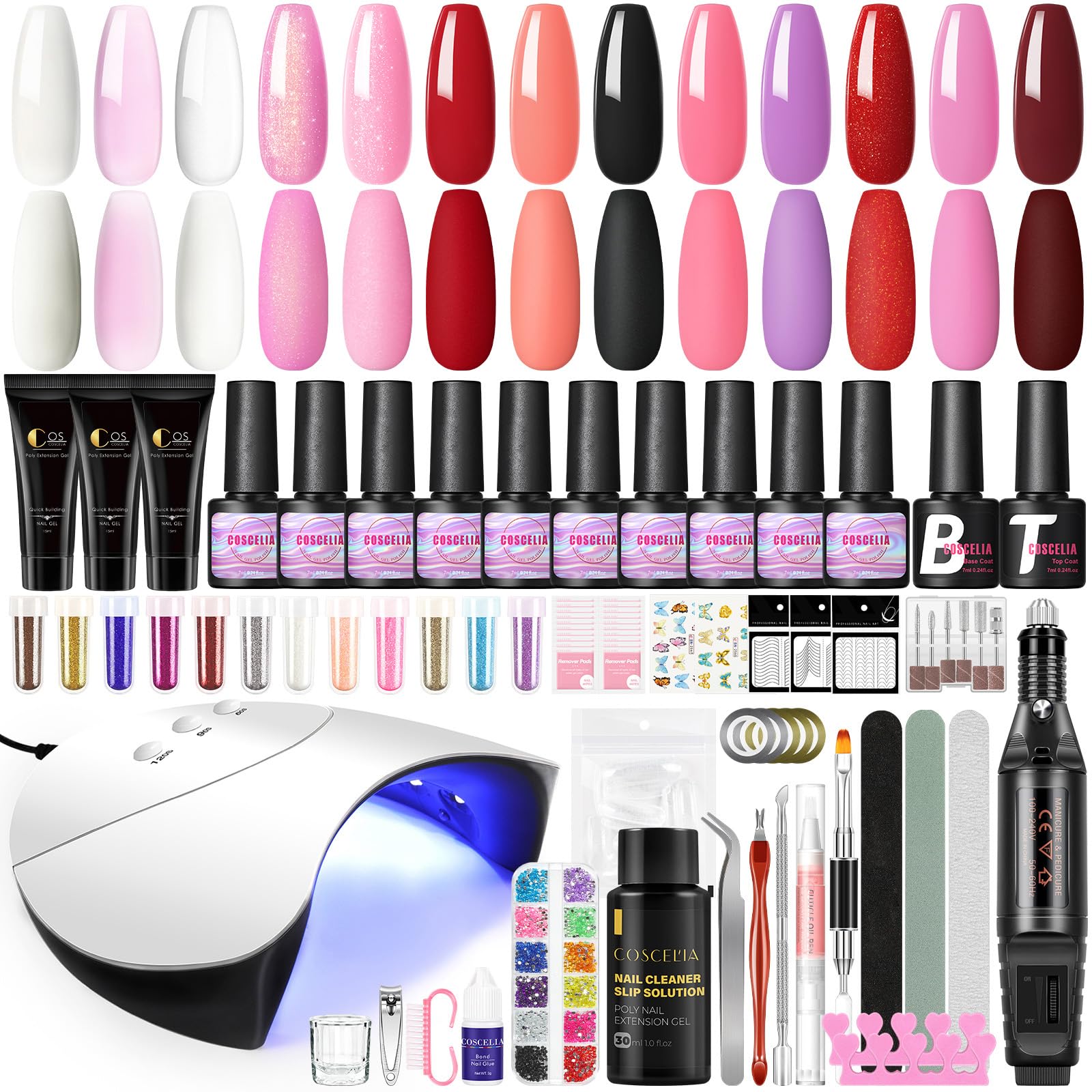 COSCELIA Kit Uñas Semipermanentes, 3pcs Extensión de Gel+10pcs Esmaltes de Uñas Semipermanentes, Lámpara de Uñas U-V/LED 36W, Uñas Semipermanentes Kit Completo para Uso Profesional y Doméstico