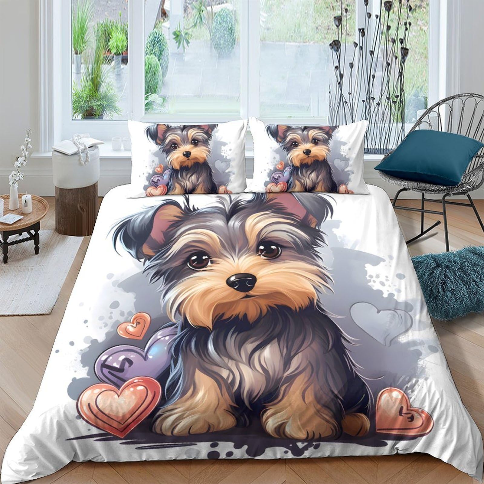 TUFRTGYHN 3D Printed Cute Yorkshire Terrier Duvet Cover Microfiber Soft Breathable Heart Pattern Bedding Set with 2 Pillowcases for Bedroom Decor Single（135x200cm）