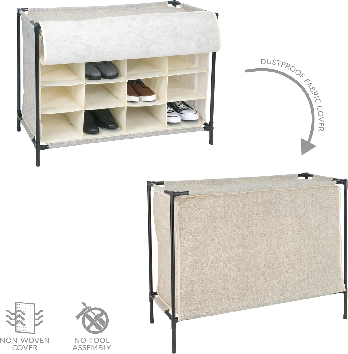 Simplify 16 Pair Shoe Rack with Cover | Stackable | Storage & Organization | Closet | Bedroom | Entryway | Beige