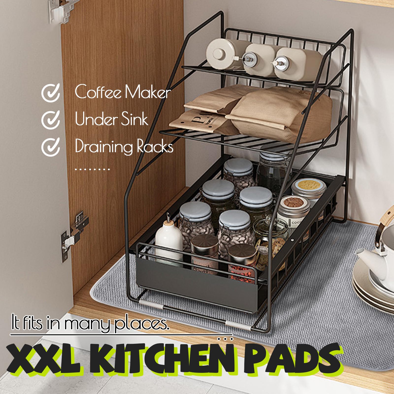 3 Stück XXL-Abtropfmatten, saugfähige Mikrofaser-Abtropfmatte, große Küchentheken-Pads für Kaffee, Regal, unter der Spüle, Abtropfgestell, Arbeitsplatten, Nadelstreifen (grau, 61 x 43 cm)