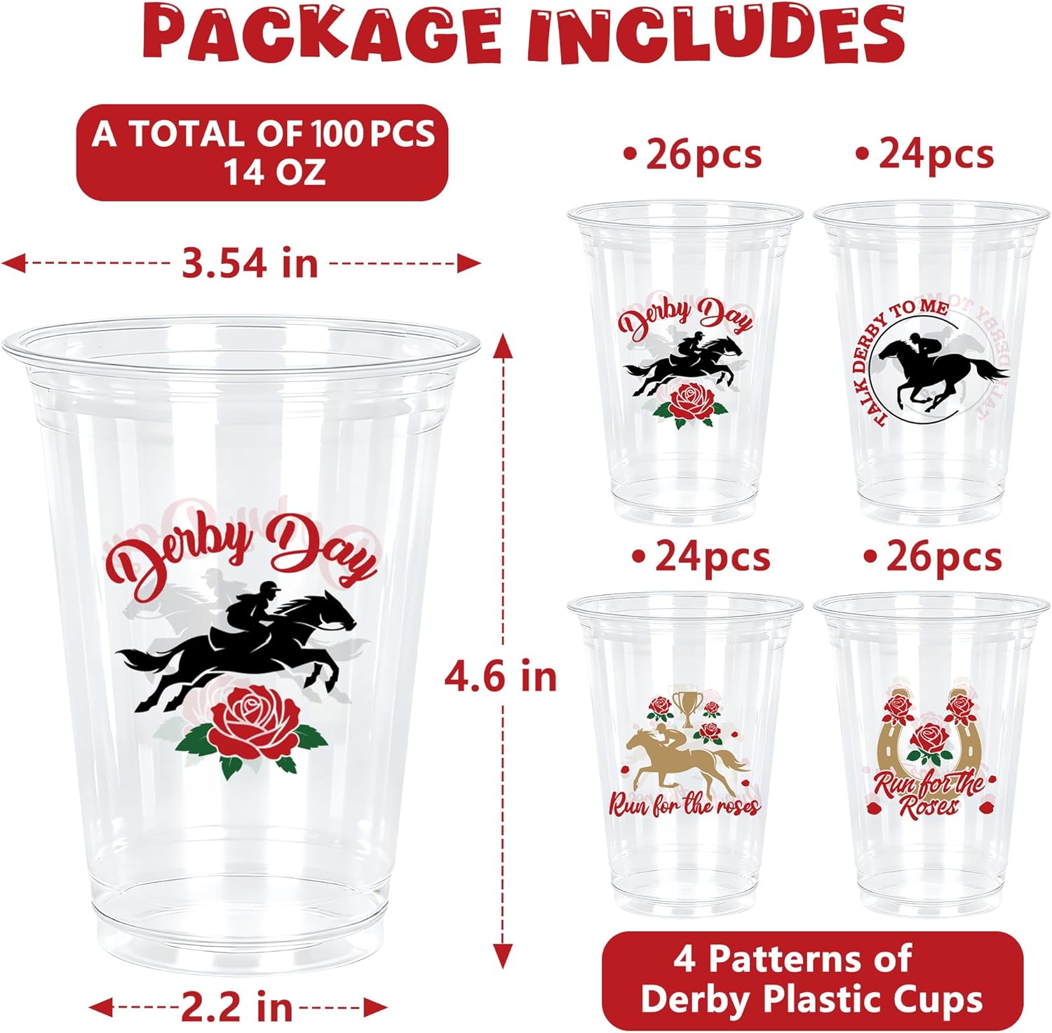 QZYL 100 PCS Derby Day Cups, 14 OZ Plastic Cups, Horseshoe Roses Design Derby Glasses 2026 Horse Disposable Mug, Kentucky Decorations Horse Party Decorations