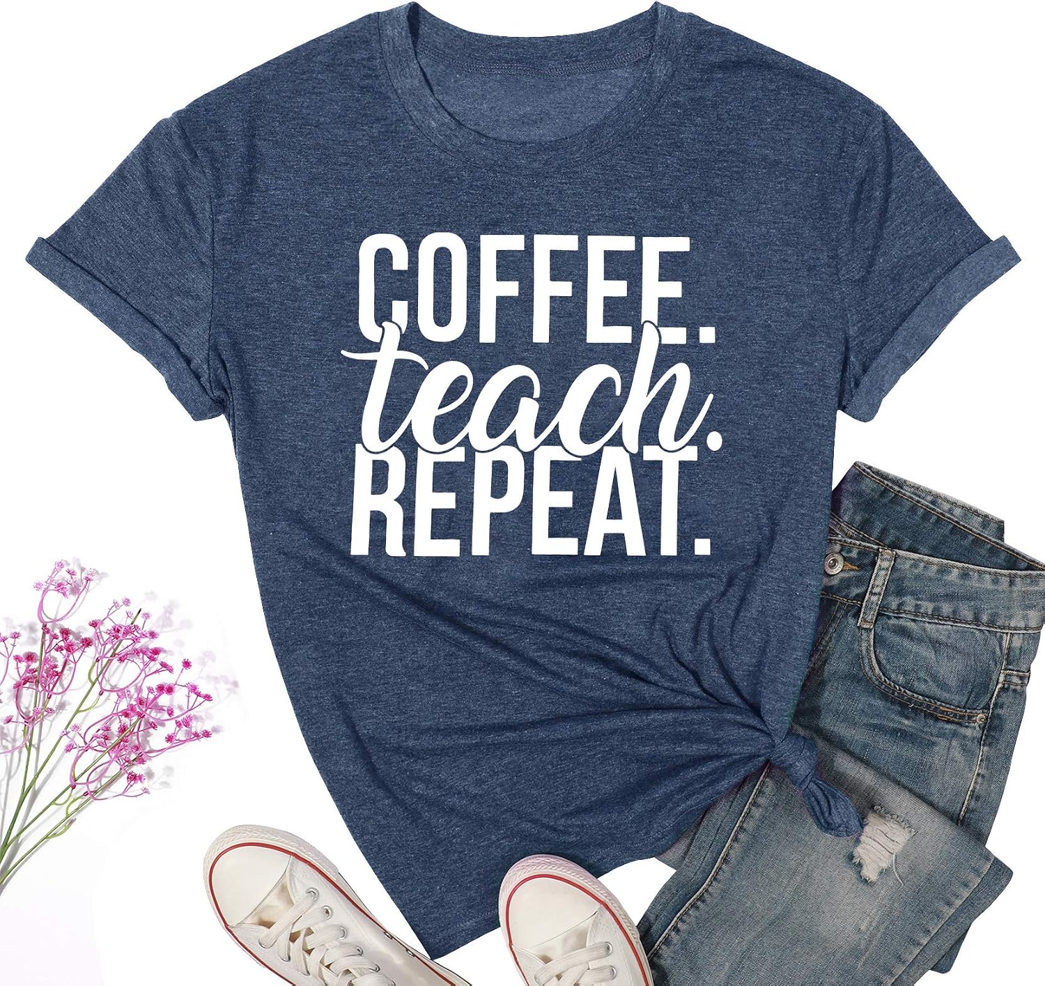 NANYUAYA Coffee Teach Repeat Shirt for Women Funny Letter Print Graphic T-Shirt Summer Casual Short Sleeve Tee Top