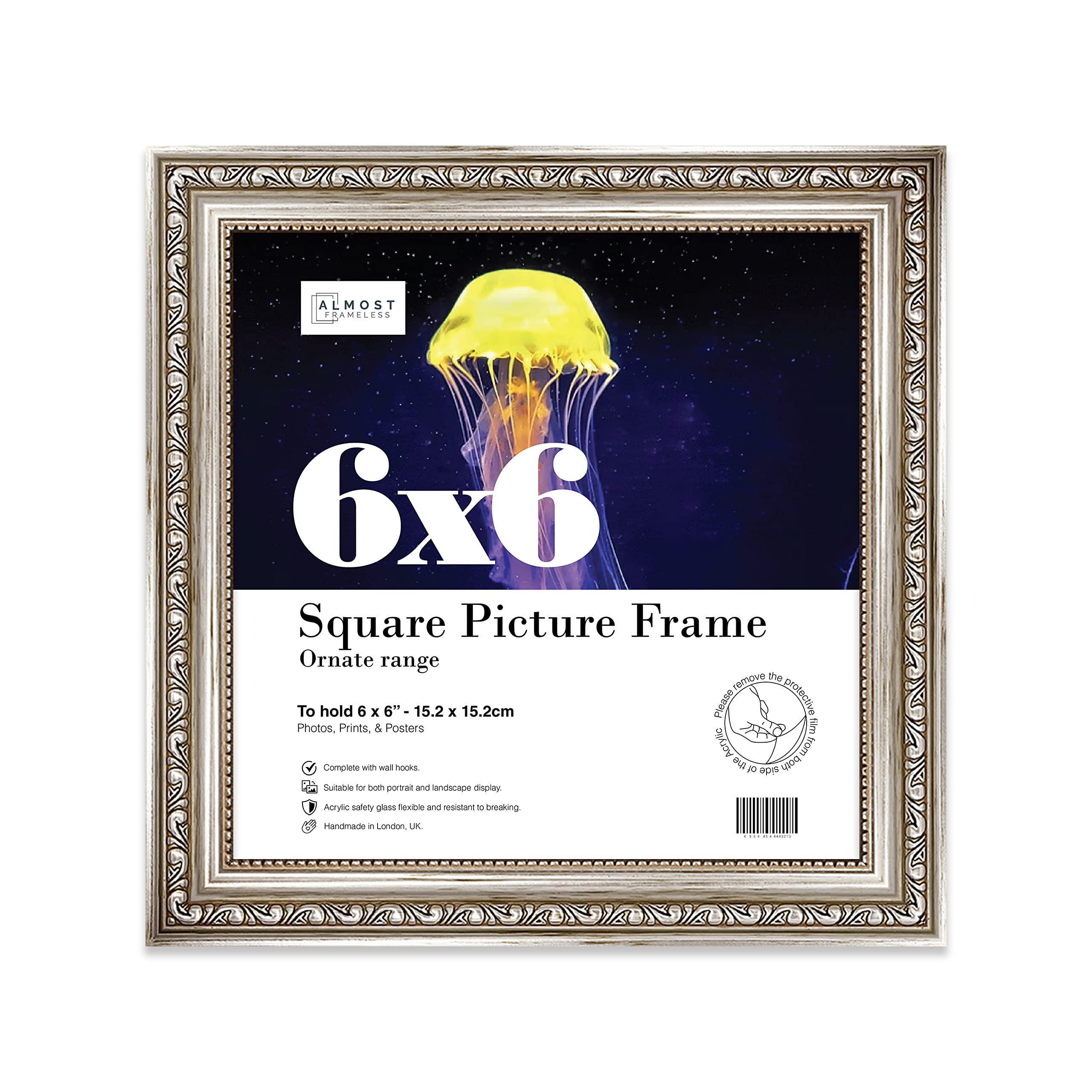 Almost Frameless 6x6 Silver Ornate Picture Frame 6"x6" (15.2x15.2cm) Poster, Photo, Artwork, or Print. Antique Style Portrait and Landscape Display with Wall Hooks