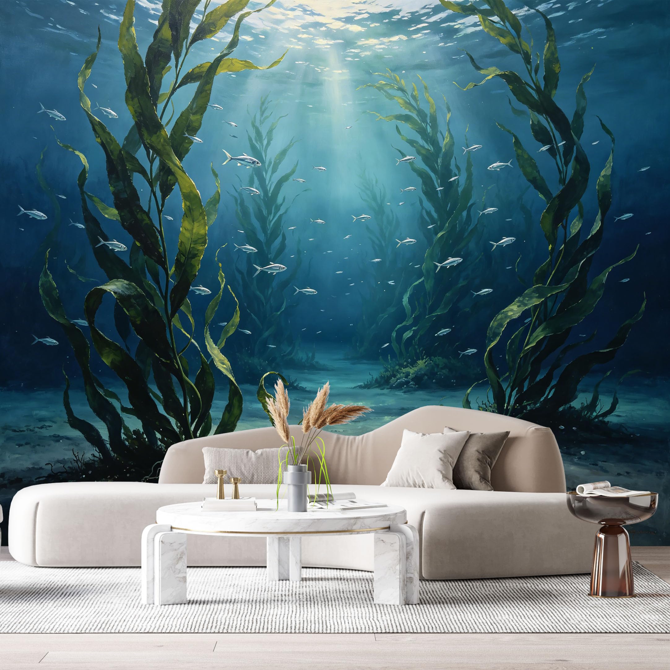 Custom Size Wall Murals Ocean Marine Watercolor Underwater Kelp Forest Shoal of Fish SelfAdhesiveWall Fabric Removable Wallpaper Wall Decor for Living Room Bedroom Bathroom