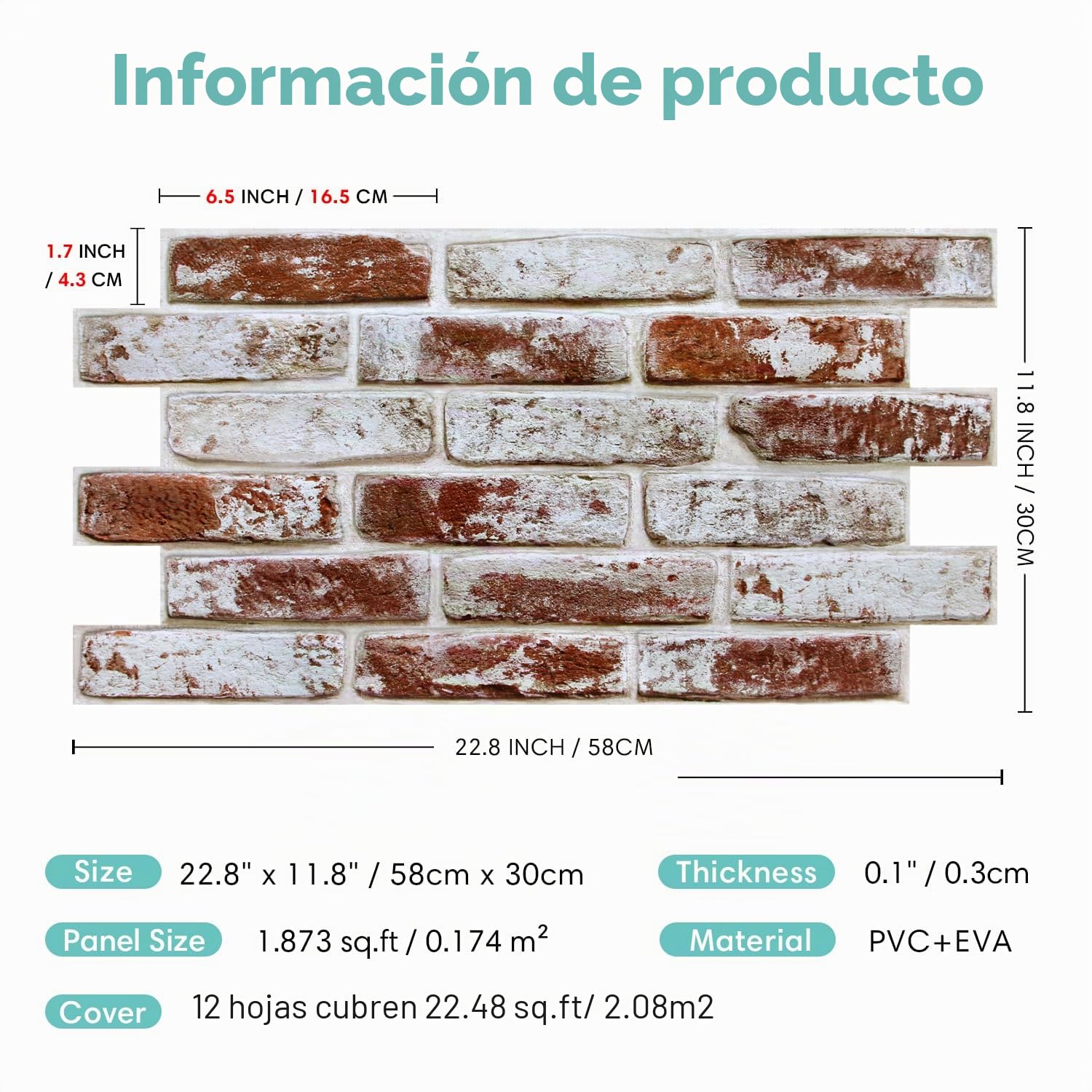 Commomy 12 Piezas Paneles de Pared de Ladrillo 3D, 58 x 30 cm, PVC Paneles Decorativos para Pared Autoadhesivo, Revestimiento de Paredes para Sala, Dormitorio, Cocina (Red Whitewash)