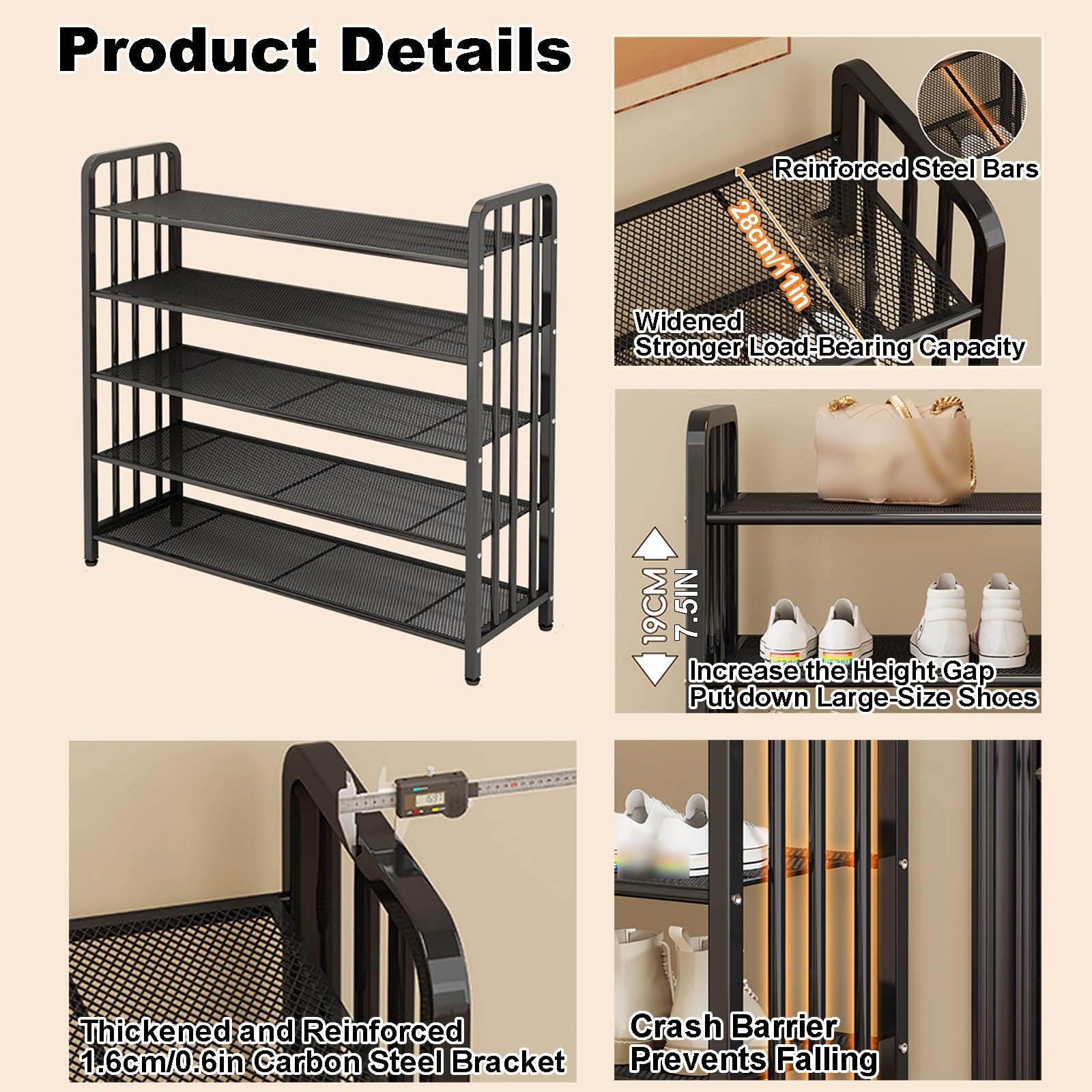 5-Stöckiges Schuhregal Metall, Schuhständer Schmal, Freistehendes Schuhregale für Eingangsbereich, Garderobe und Flur(Gold,100x28x90cm/39x11x35in)