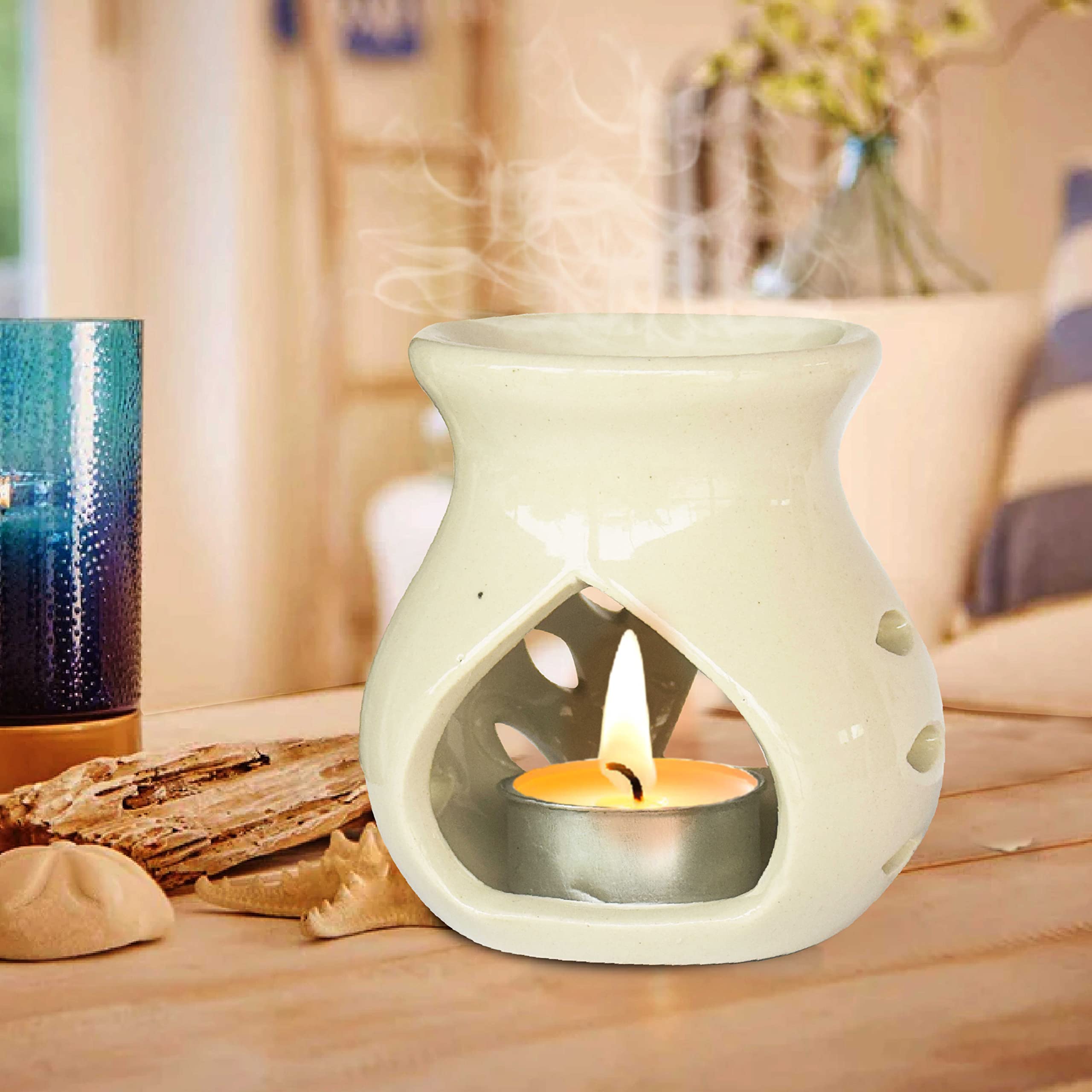 Pure Source India Quemador aromático de cerámica con velas (blanco marfil; 9 cm)