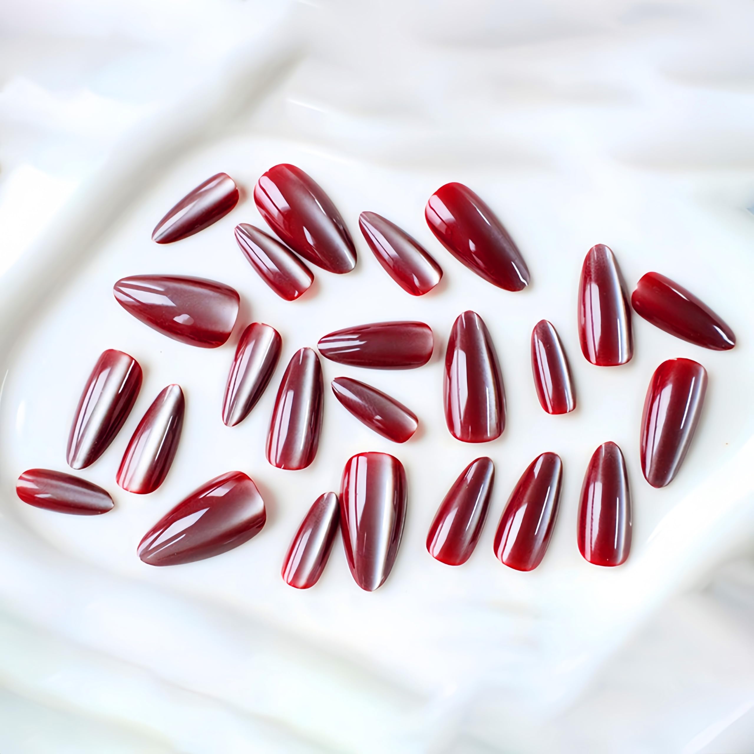 SXVME Wine Red Cat Eye Press on Nails Almond Shape, 30 Pcs Glitter Fake Nails Short Stiletto - Image 3