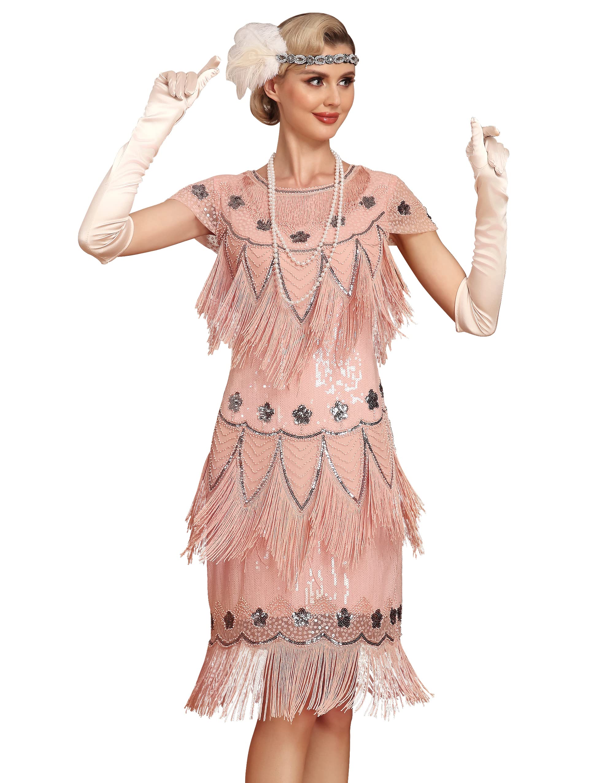 PrettyGuideWomens Flapper Dress with Sleeves Art Deco Sequin Beaded Fringe 1920s Vintage Great Gatsby Party Dress