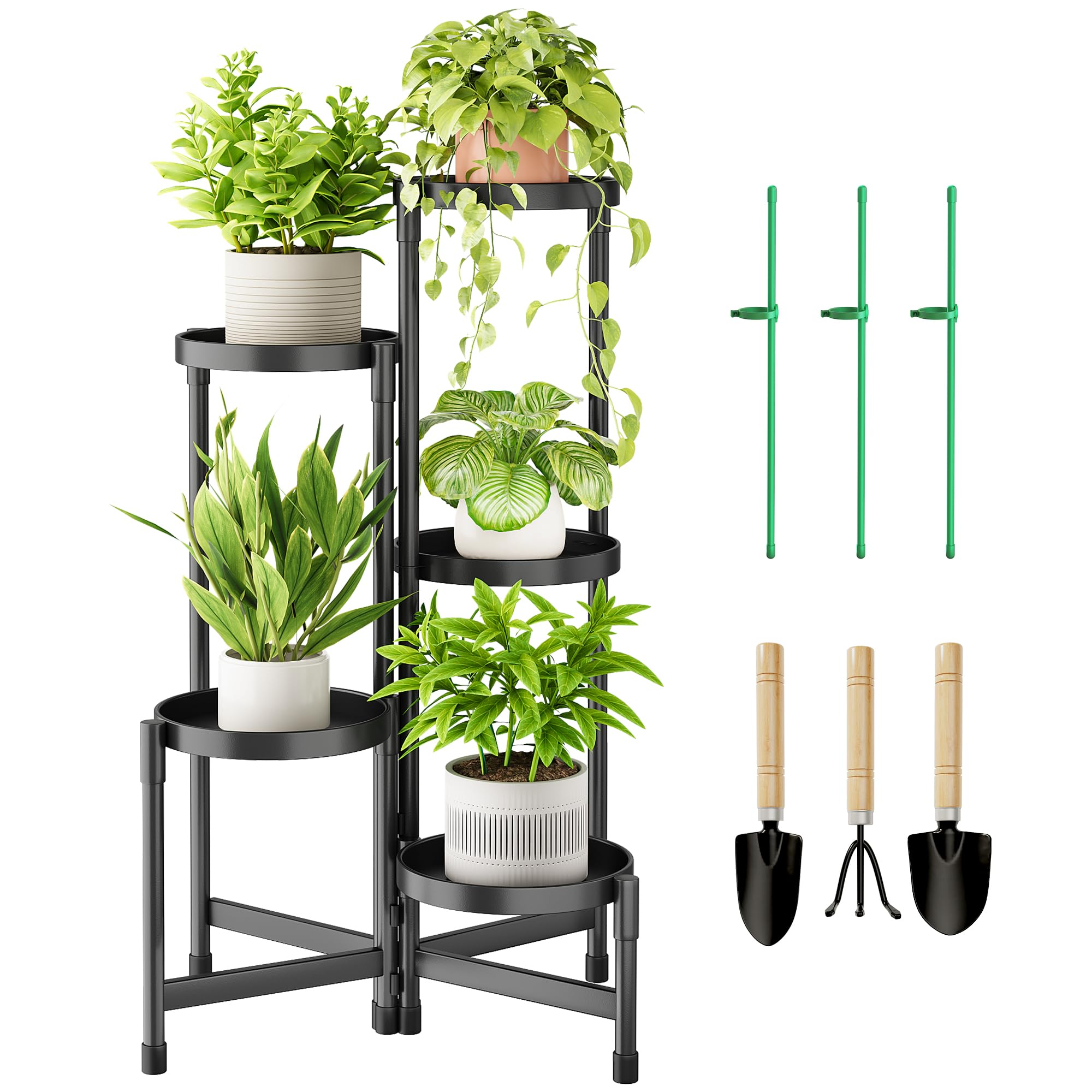 5 Tier Metal Plant Stand Indoor, Rotatable Corner Plant Shelf Outdoor, Tiered Flower Pot Display Stand, Black Multiple Plants Holder for Patio Living Room Balcony Garden Home Decor