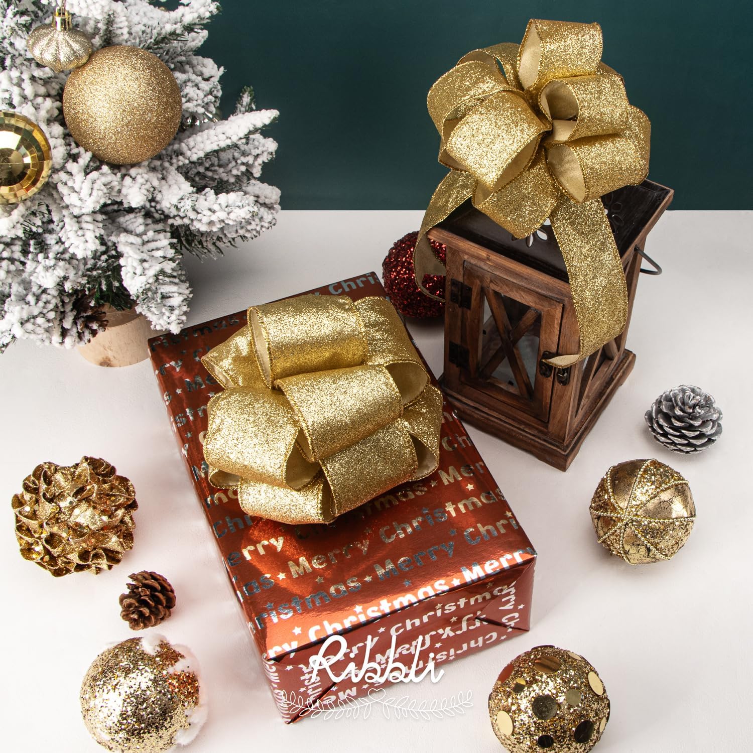 Ribbli Gold Glitter Wired Ribbon with Gold Metallic Edge,Christmas Ribbon for Wreath, Tree Decoration, Home Decor, 2-1/2 Inch x 10 Yards