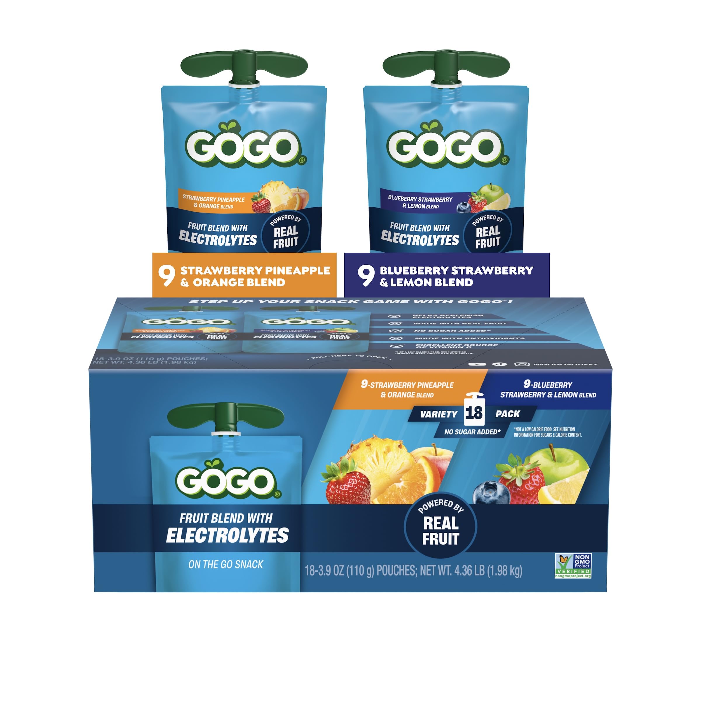GOGO Active No Sugar Added Electrolytes Fruit Blend Variety Pack, 18 Count | Blueberry Strawberry Lemon & Pineapple Orange Flavors; 3.9 Oz Pouches with Real Fruit and Electrolytes for On-the-Go Snacking
