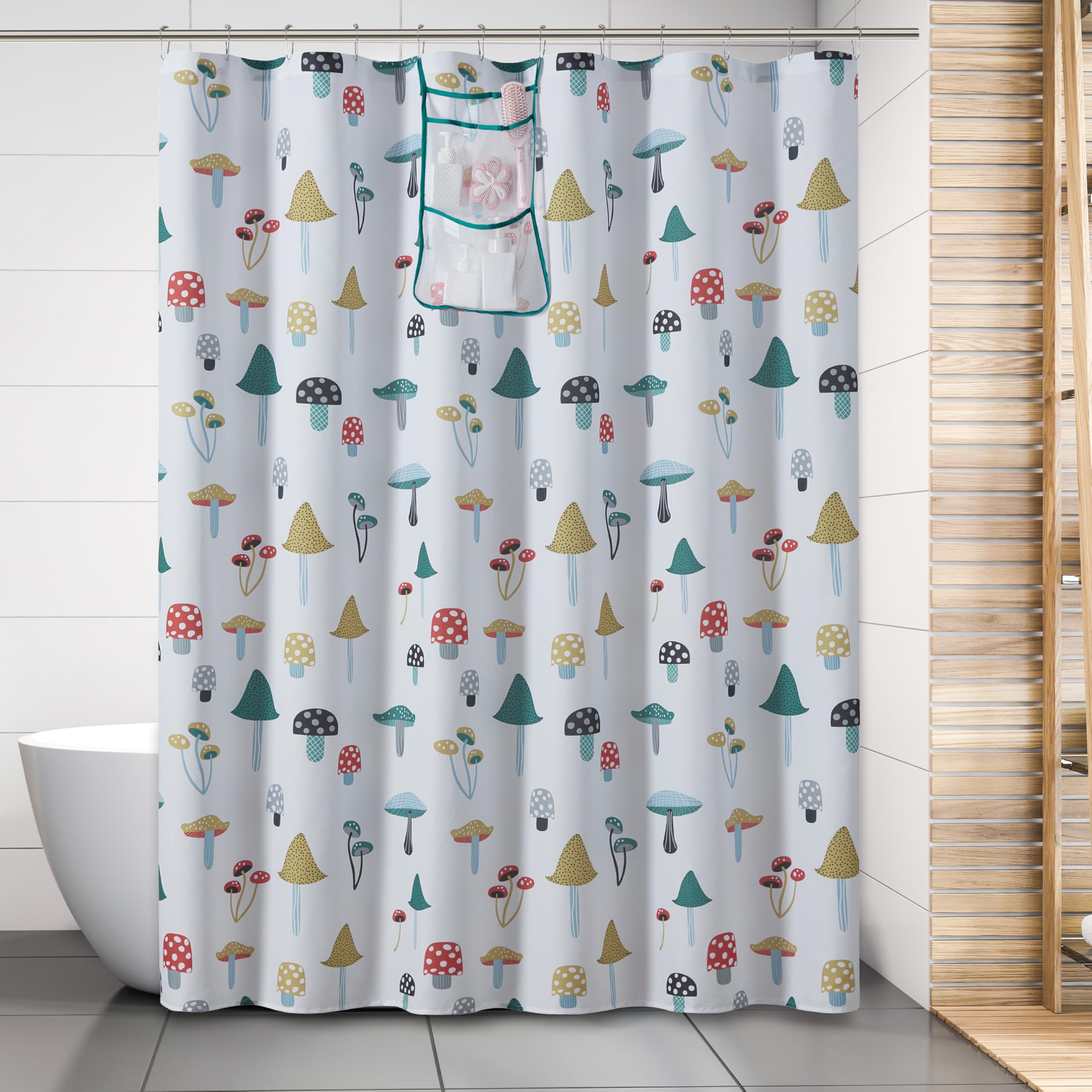 Stitch and Stone Fabric Shower Curtain Set Polyester Liner with Hanging Bath Caddy Organizer to Hold Accessories and