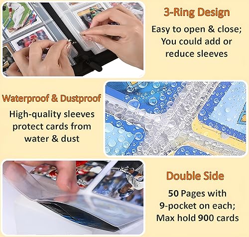 Miniatura 5 de Carpeta para tarjetas de béisbol, 900 bolsillos, 50 mangas, carpeta de béisbol grande, 3 anillos con cremallera, soporte para tarjetas