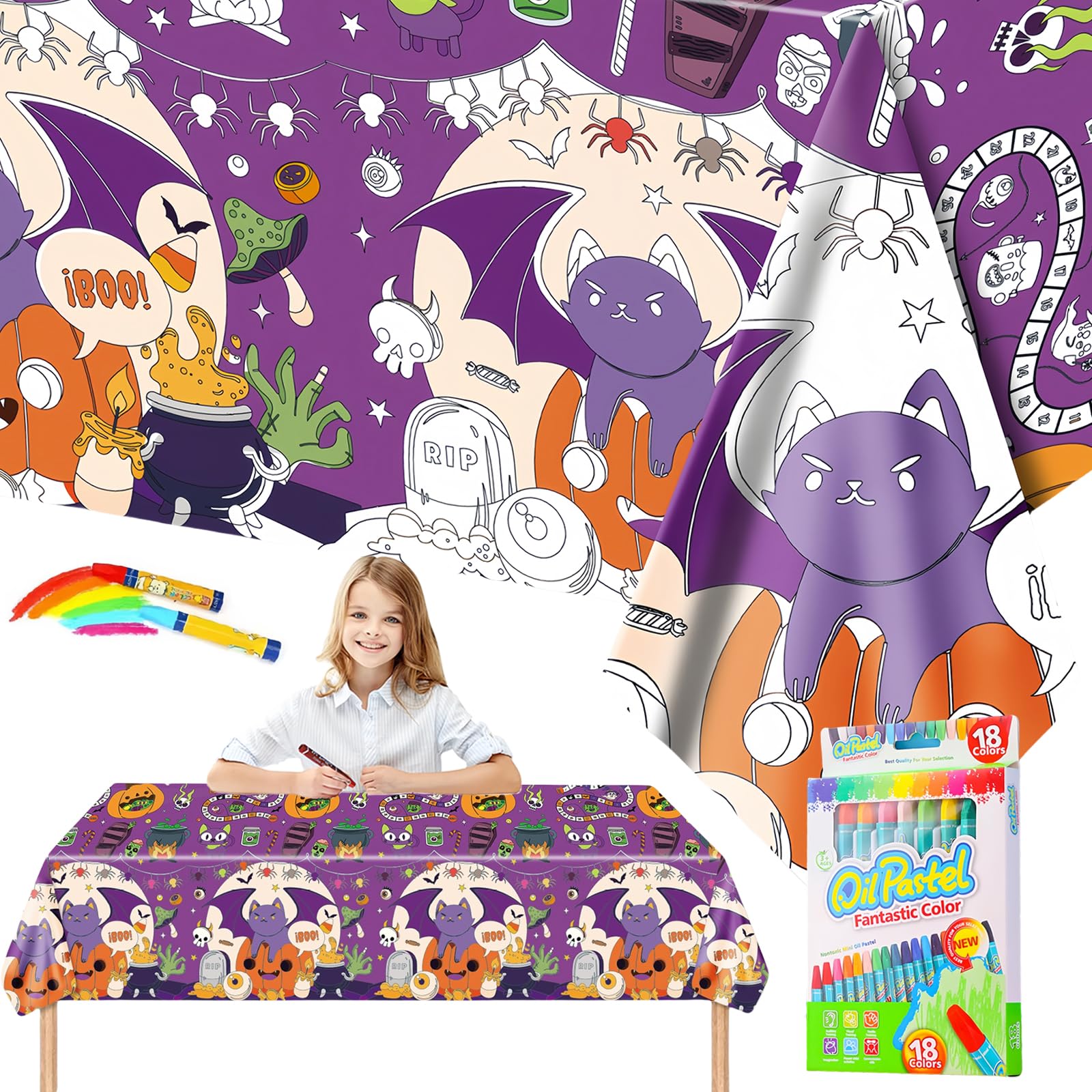 Nappe à Colorier Géante Pour Enfants - 120x180 Cm, Thème Halloween Avec 18 Stylos - Activité Anniversaire, DIY, Décoration