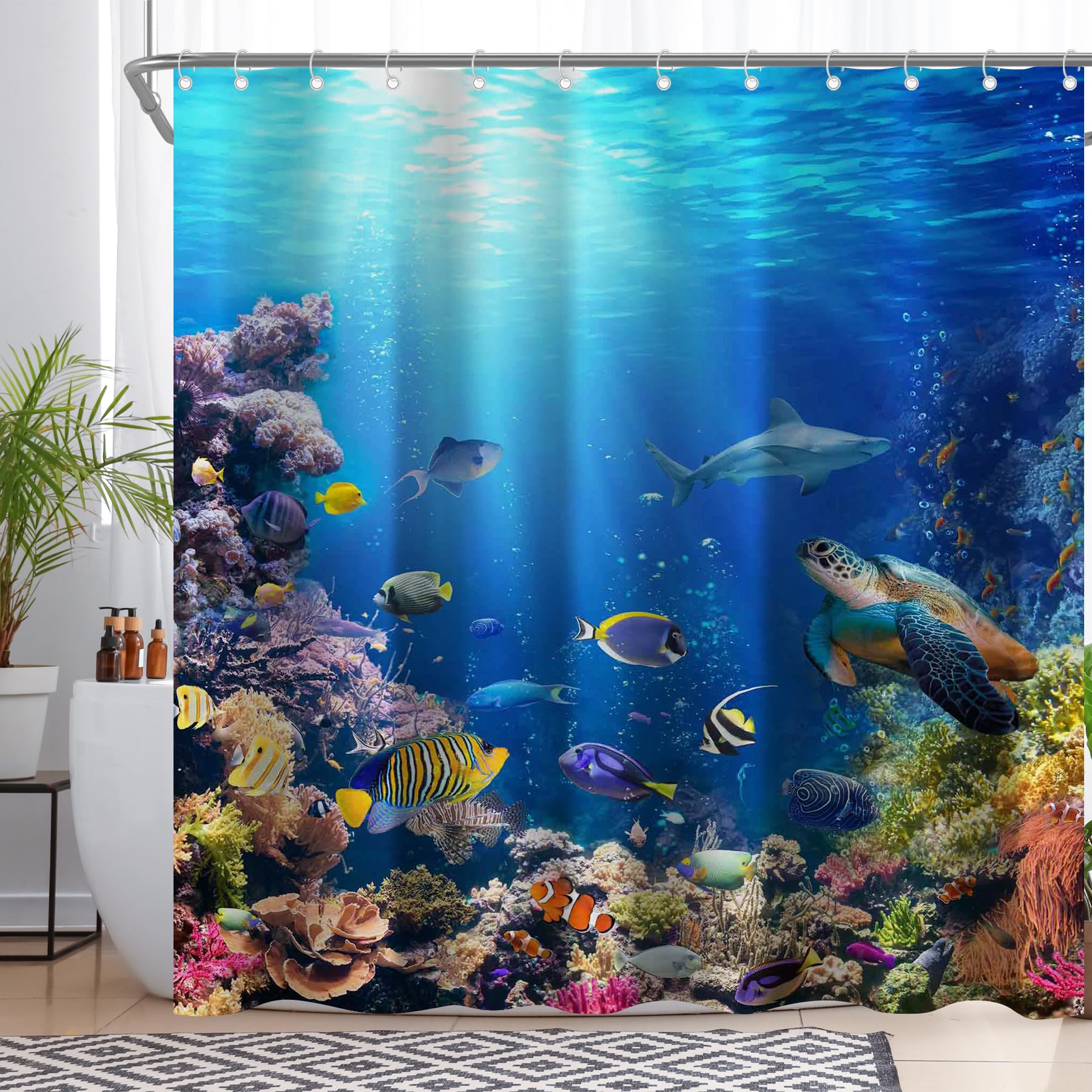 Nautical Blue Sea Turtle Bathroom Set | Shower Curtain, Bath Mat, Lid Cover, Rug & 12 Hooks - Waterproof Decor