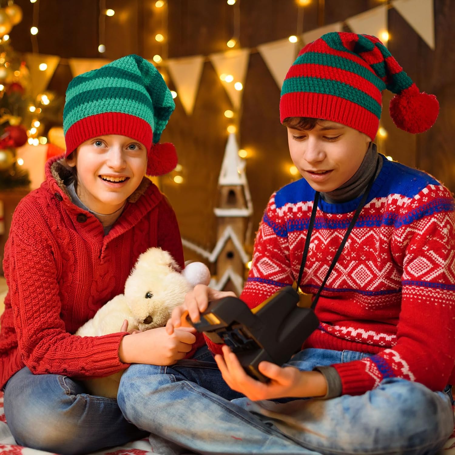 Liitrsh 8 Pcs Christmas Knitted Elf Hats for Adults Xmas Beanie Striped Winter Santa Hats Soft Skull Cap with Pompom for Women Men Ski Costume Party - Image 5