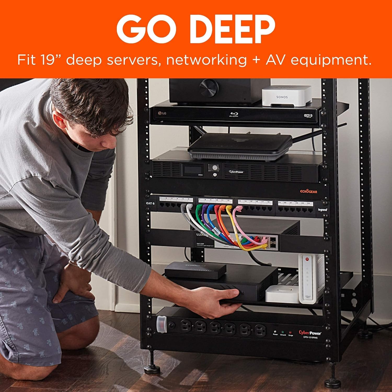 ECHOGEAR 20U Open Frame Rack with 8 Outlet Surge Protector Power Strip Bundle - Rack Up Your Server Gear, Then Power & Protect It with 3420 Joules of Surge Protection