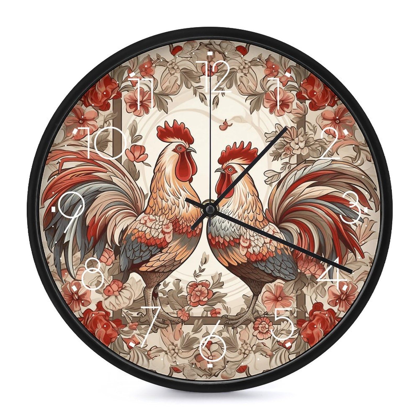 Horloge murale décorative coqs de fleurs finition blanche haut de gamme
