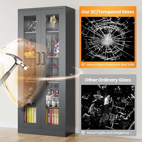 Miniatura 55 de Vitrina con cerradura con puerta de cristal, gabinetes Curio de metal de 71 pulgadas de alto con estantes ajustables, vitrina de licor blanco para