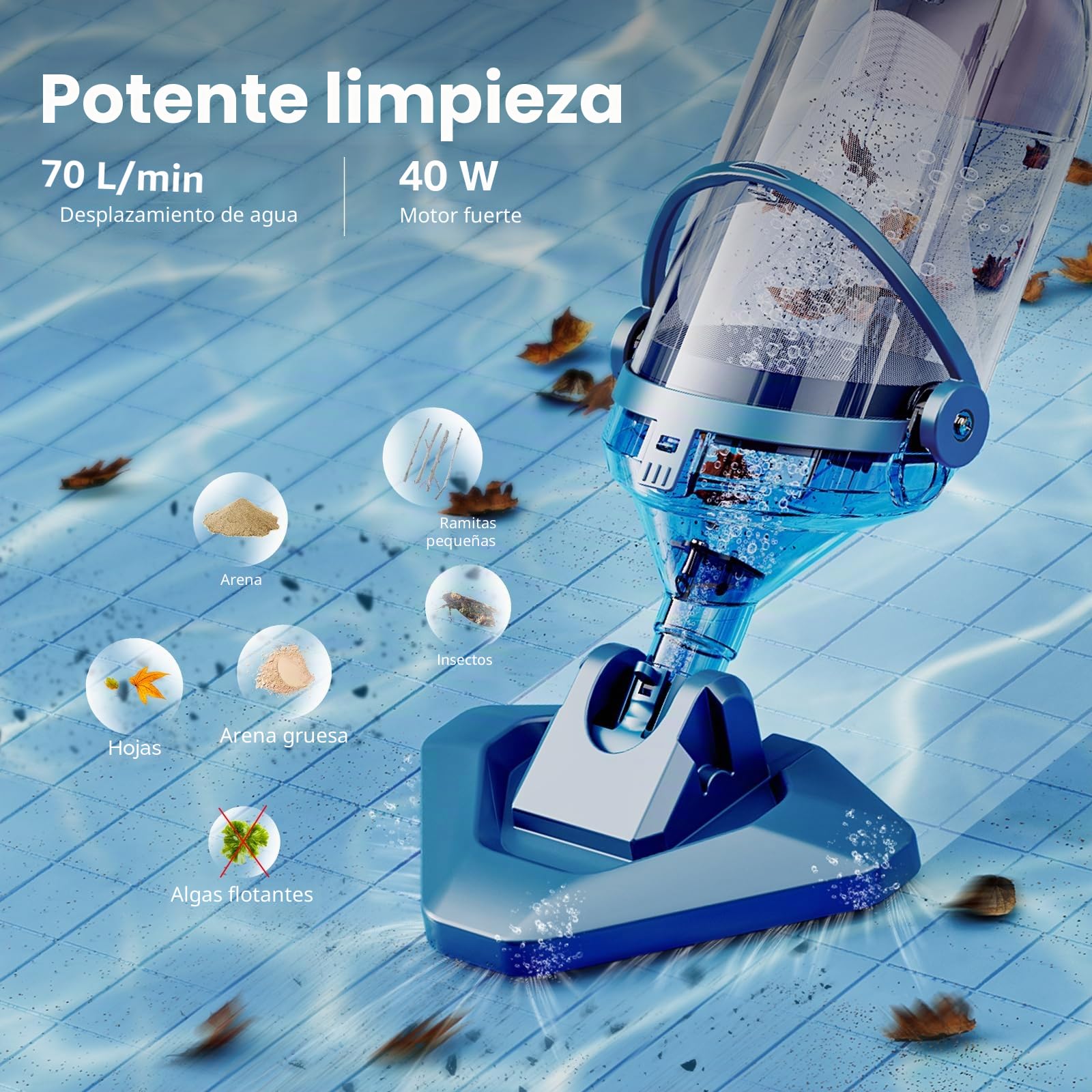 Enhulk Aspirador de Piscina con batería, hasta 60 Minutos de autonomía, Aspirador de Piscina con pértiga telescópica, succión de 4200 l/h, Ideal para Piscinas elevadas, spas y más, Azul