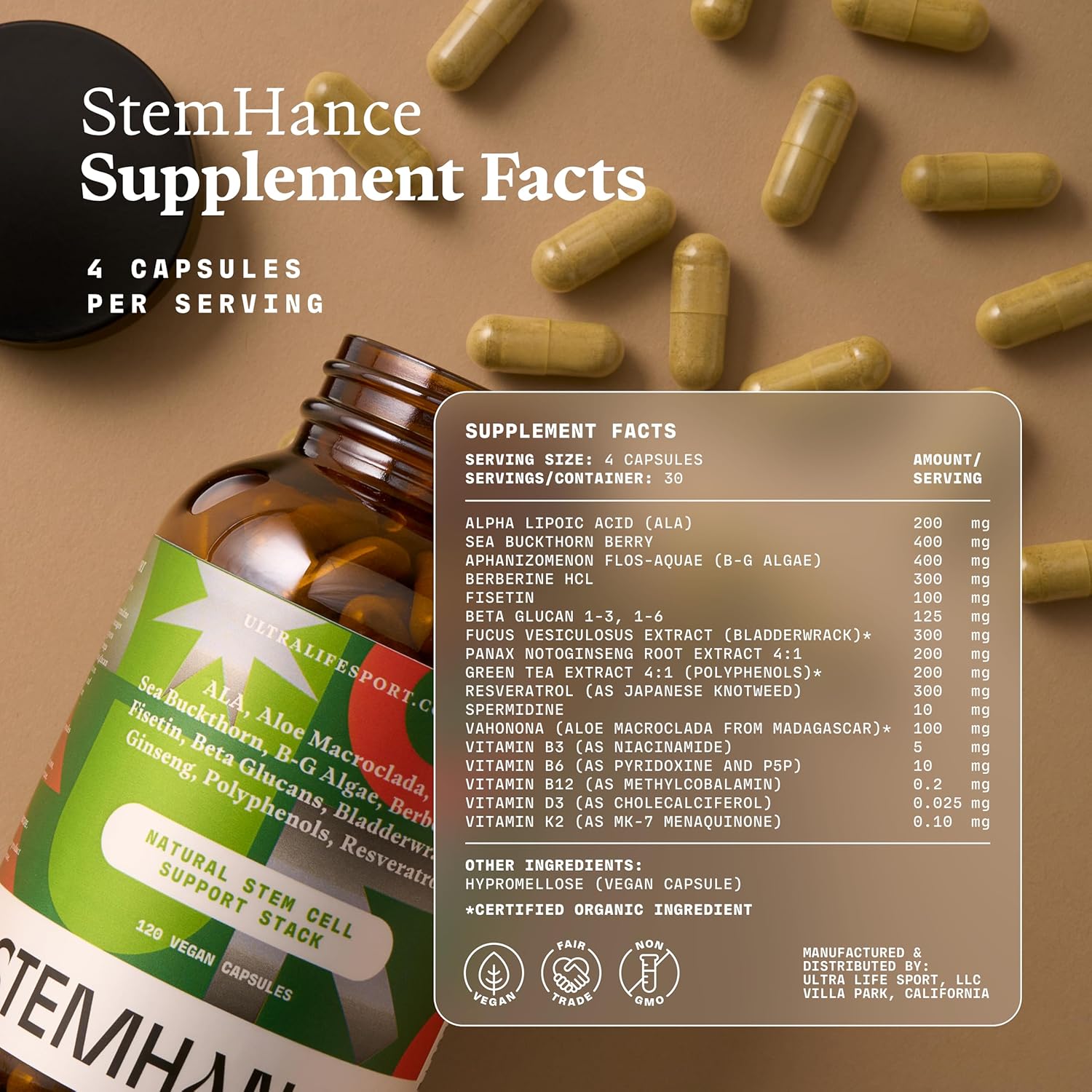 Ultra Life Sport StemHance – Cellular Renewal & Healthy Aging Supplement with Vahonona, Spermidine, Resveratrol, Sea Buckthorn, Green Tea, Vitamins D3, K2, B Complex – 120 Capsules