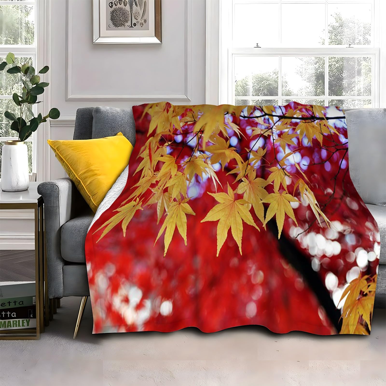 LLSZAHD Yellow Maple Leaf Blanket, Plants Throw Blanket, Thick Warm Fuzzy Washable Flannel Blanket for Sofa, Chair, Car, Lap, Pets, excellent gift (30"x40")