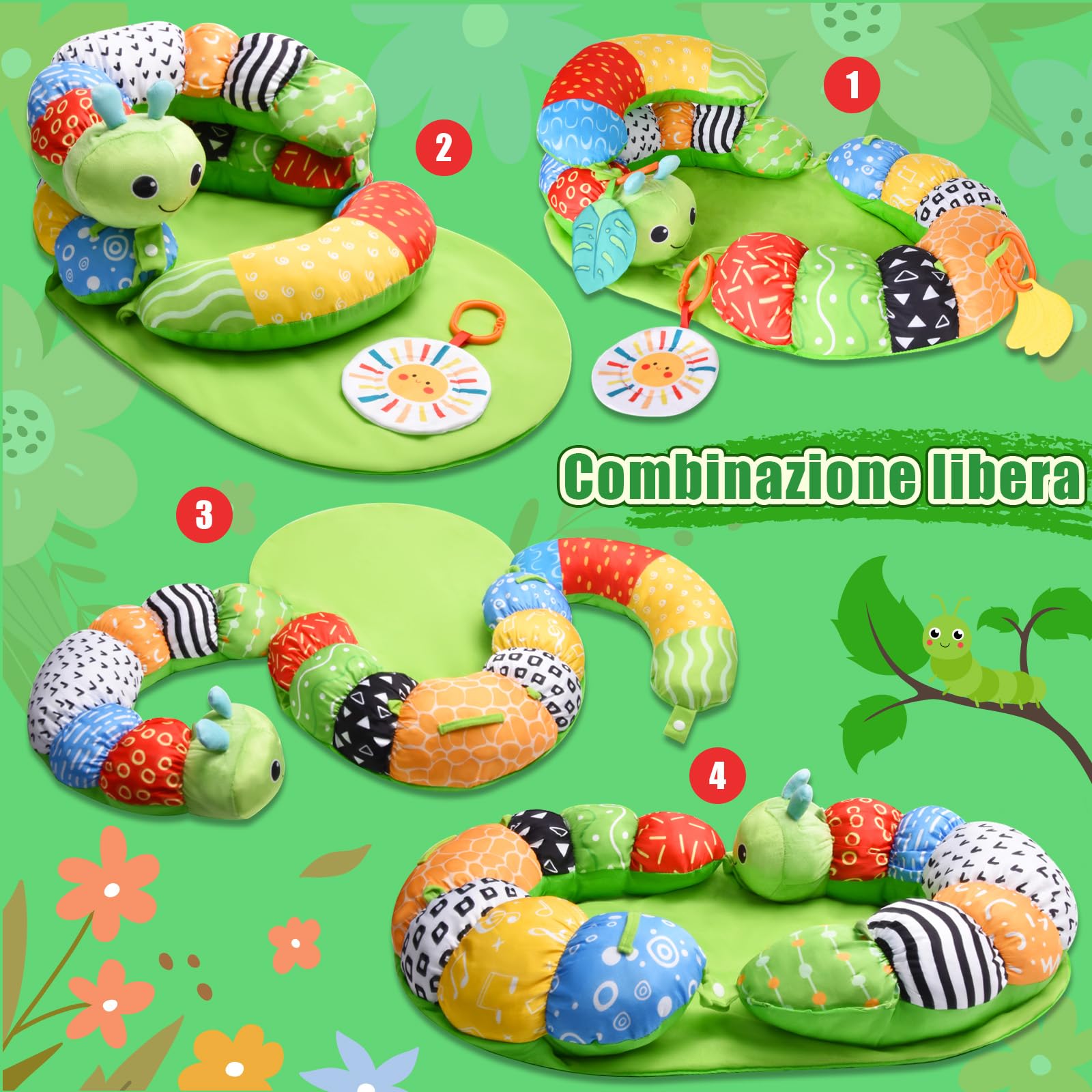 Charmofun Tappeto Gioco Neonato, 4 in 1 Tummy Time Neonato 0-3 Mesi, Caterpillar Cuscino Tummy Time con Specchio e Sonaglino per Supporto Seduto