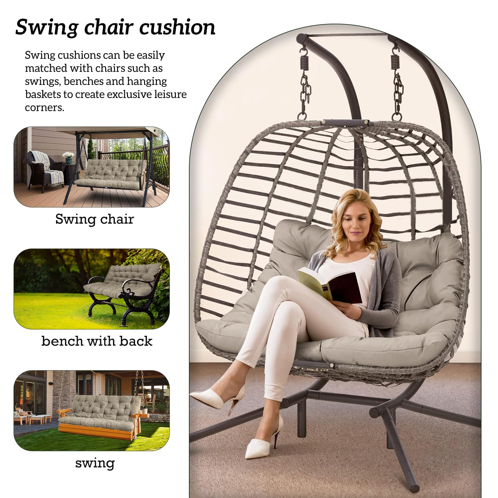 rlosqvee Outside Benches Cushion with Backrest, Thicken Waterproof Swing Cushions 2/3 Seater Replacement, Porch Swing Cushions Outdoor (Beige, 40 x 48 inch)