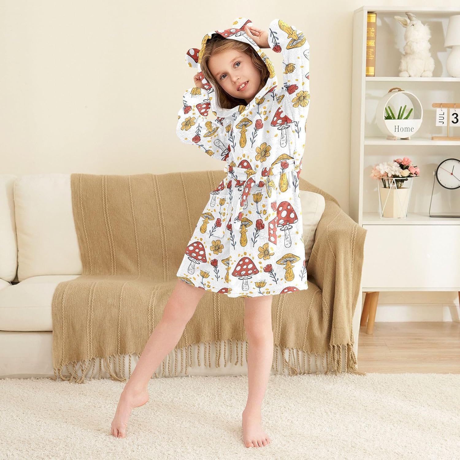 senya Mushroom and Sunflower 1 Toddler Hooded Bathrobe Kids Soft Plush Bath Towel Robes for Boys Girls 2-12 Years