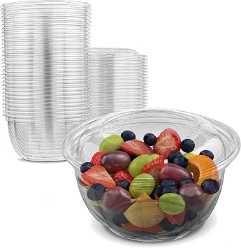 MT Products Plastic Fruit Bowl 32 oz. - Disposable Salad Bowl with Lids Pack of 15 - Made in USA