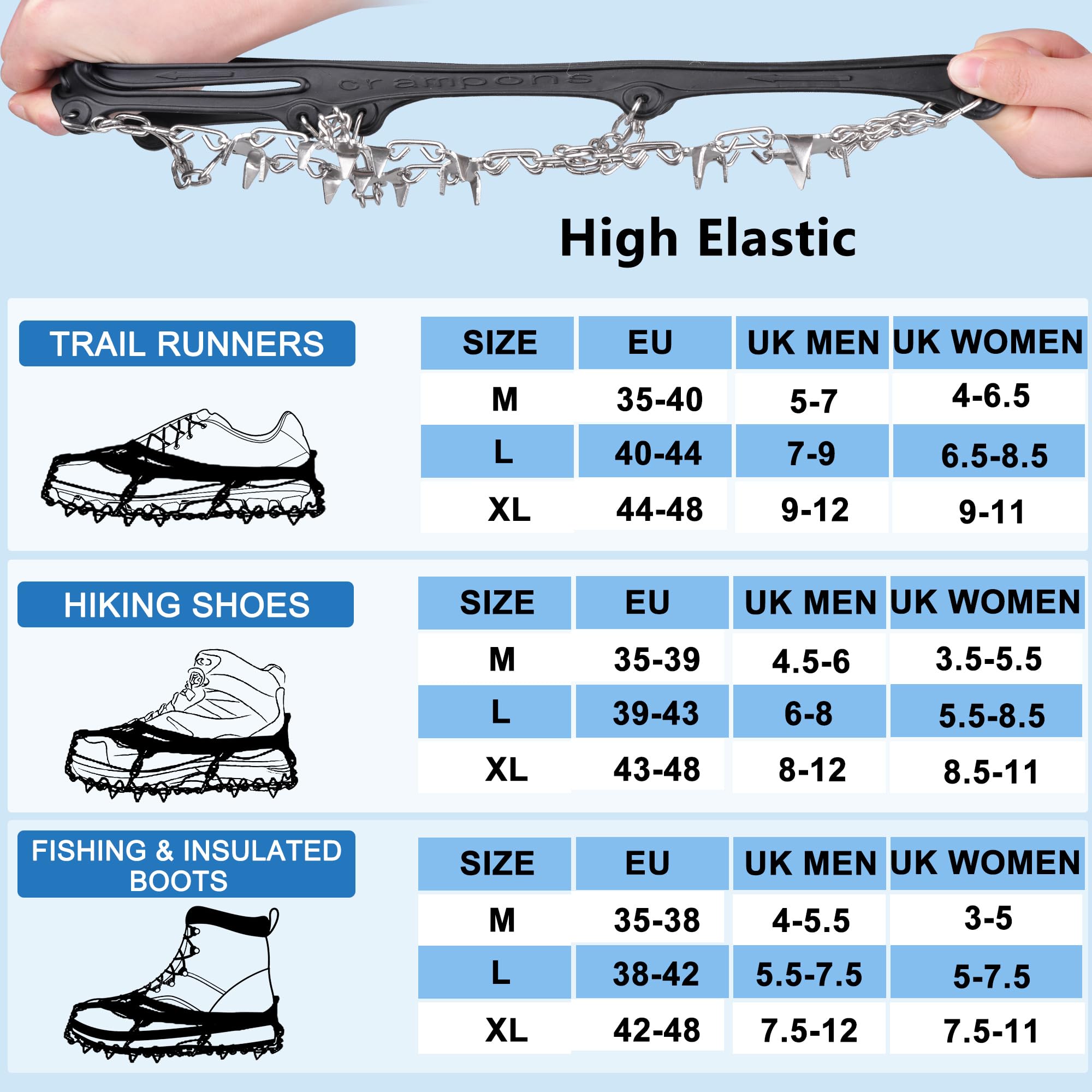 Crampons Ice Cleats Traction, Snow Grips Ice Grippers for Hiking Boots Anti-Slip 19 Stainless Steel Studs Traction Crampons Safe Protect for Winter Walking Running Climbing Fishing