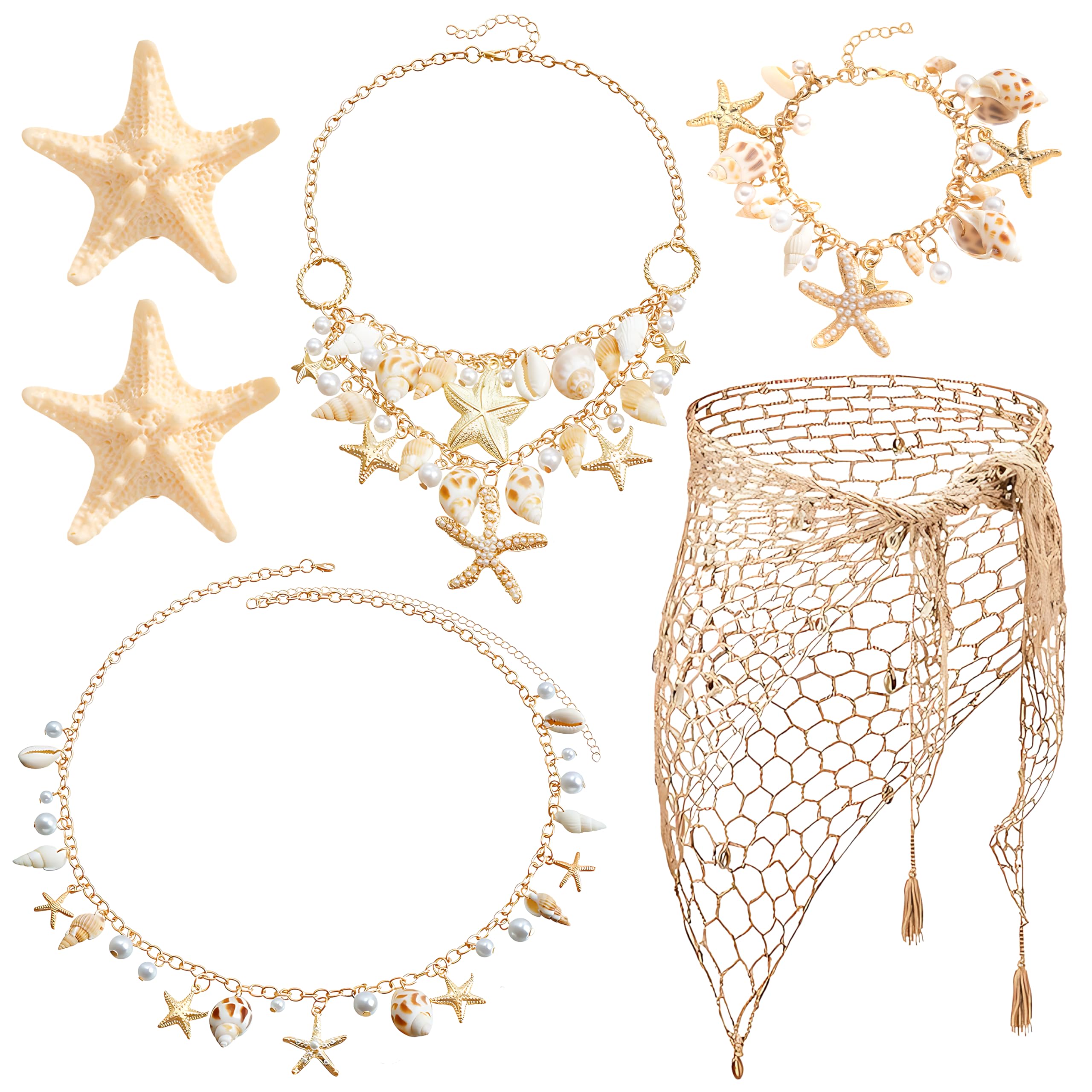 ARefugen 5Pcs Boho Mermaid Costume Set - Crochet Skirt Shell Waist Chain Necklace Bracelet Starfish Hair Clips – Bohemian Summer Bikini Cover Up