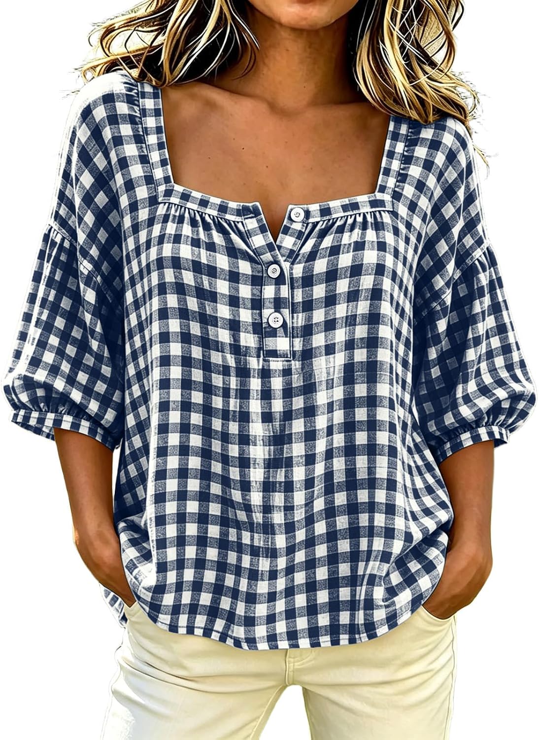 Tops for Women Puff 3/4 Sleeve Tunic Blouse Square Neck Gingham Plaid Shirt Loose Fit Button Summer Spring Clothing