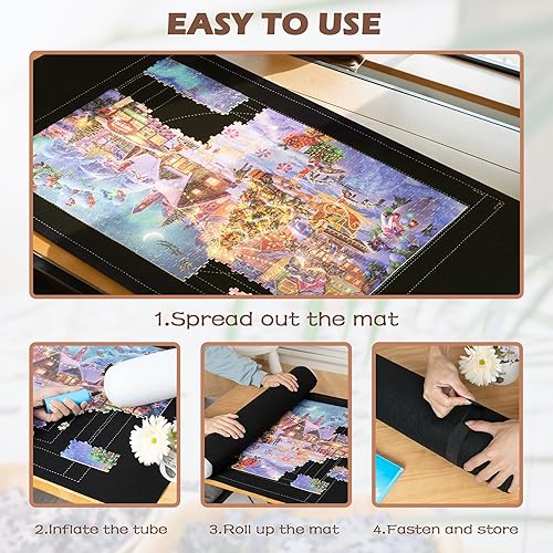 Miniatura 2 de Lavievert Tapete de rompecabezas de 1500 piezas enrollable con diseño único de línea auxiliar, tablero de rompecabezas portátil para adultos,