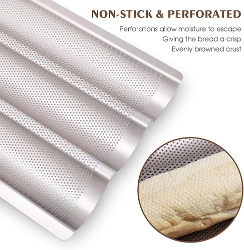 Miniatura 2 de Sartén para baguette, sartenes francesas para hornear, antiadherentes 3 ranuras perforadas italianas para pan, molde de pan francés largo, dorado