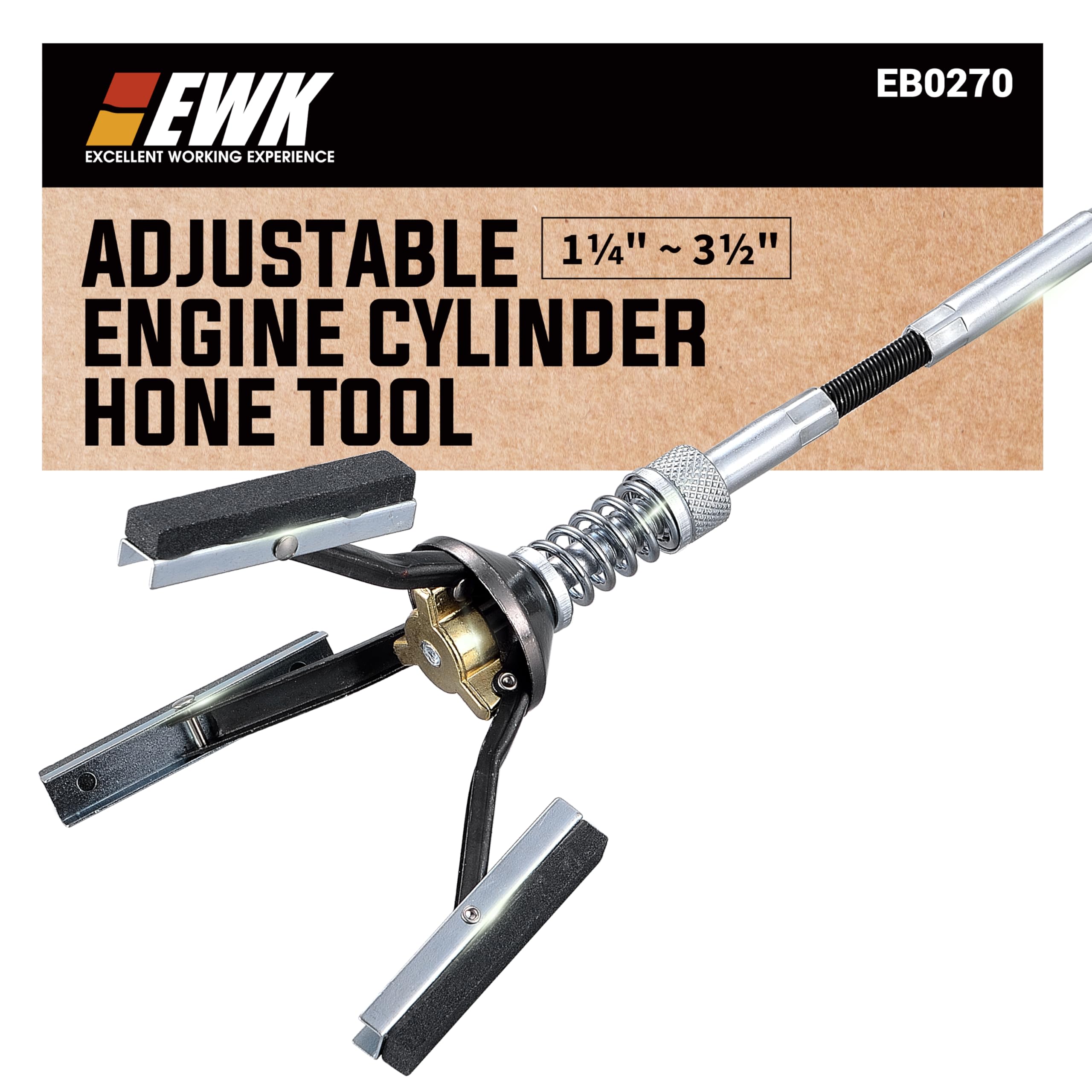 EWK 1-1/4 to 3-1/2 Inch Adjustable Engine Cylinder Hone Tool – 3-Stone 220 Grit Steel Deglazer for Automotive & Motorcycle, 1/4″ Drive, Remove & Re-finish Cylinder Walls Safe, Smooth, Damage-Free