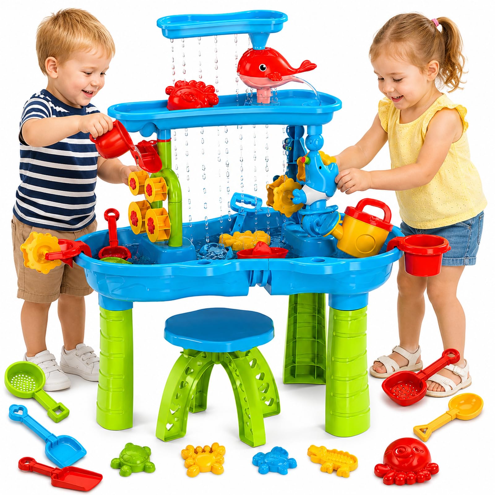 Elowen 3-Tiers Water Table for Toddlers Ages 3 4 5 6 7 8, Outdoor Water Waterfall Sensory Play Table with Beach Toys Accessories, Water Pool Table, Birthday Gifts for Boys Girls