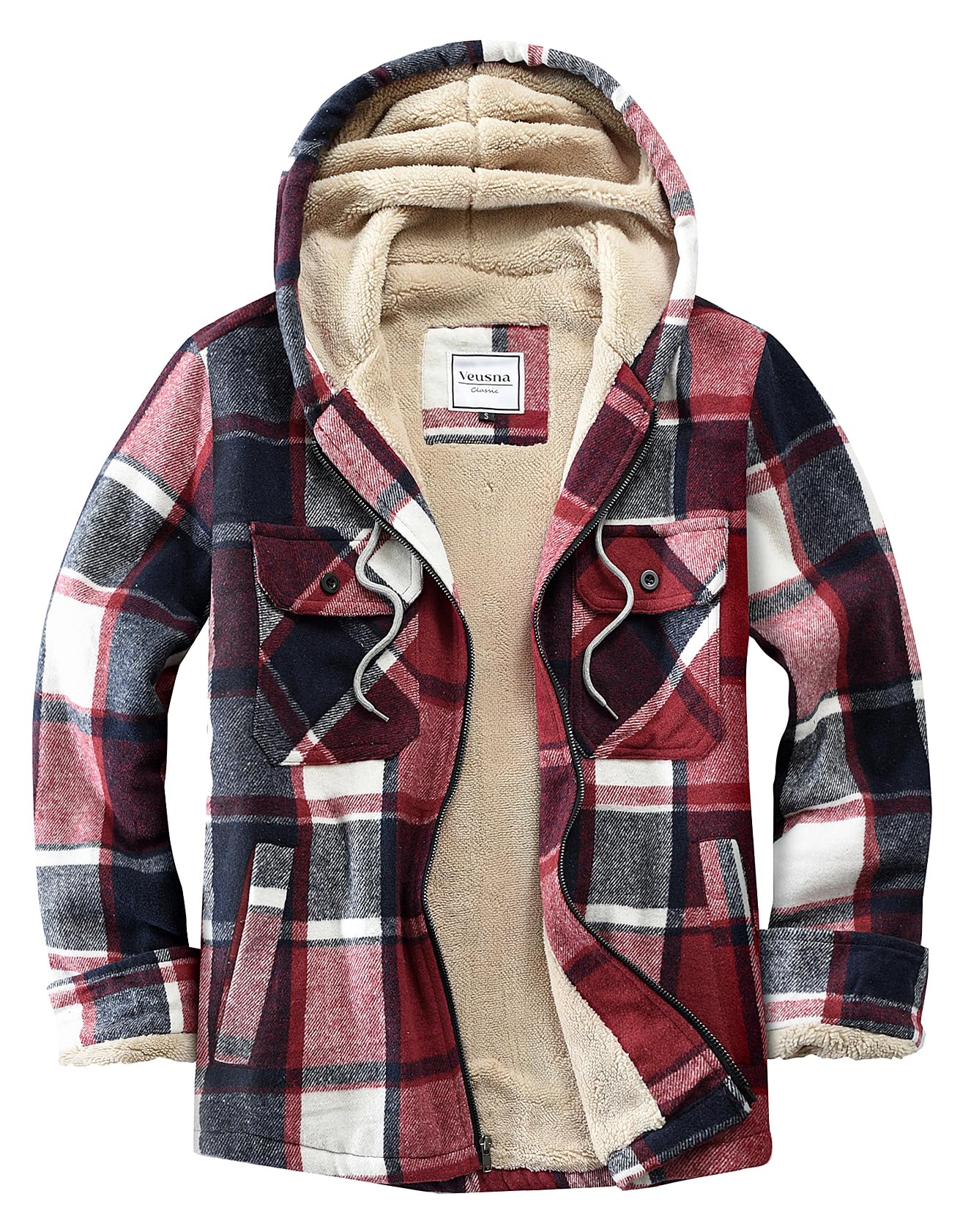 Veusna Men's Zip Up Flannel Shirt Jacket Fleece Lined Long Sleeve Plaid Coat Heavyweight Hoodie with Hood