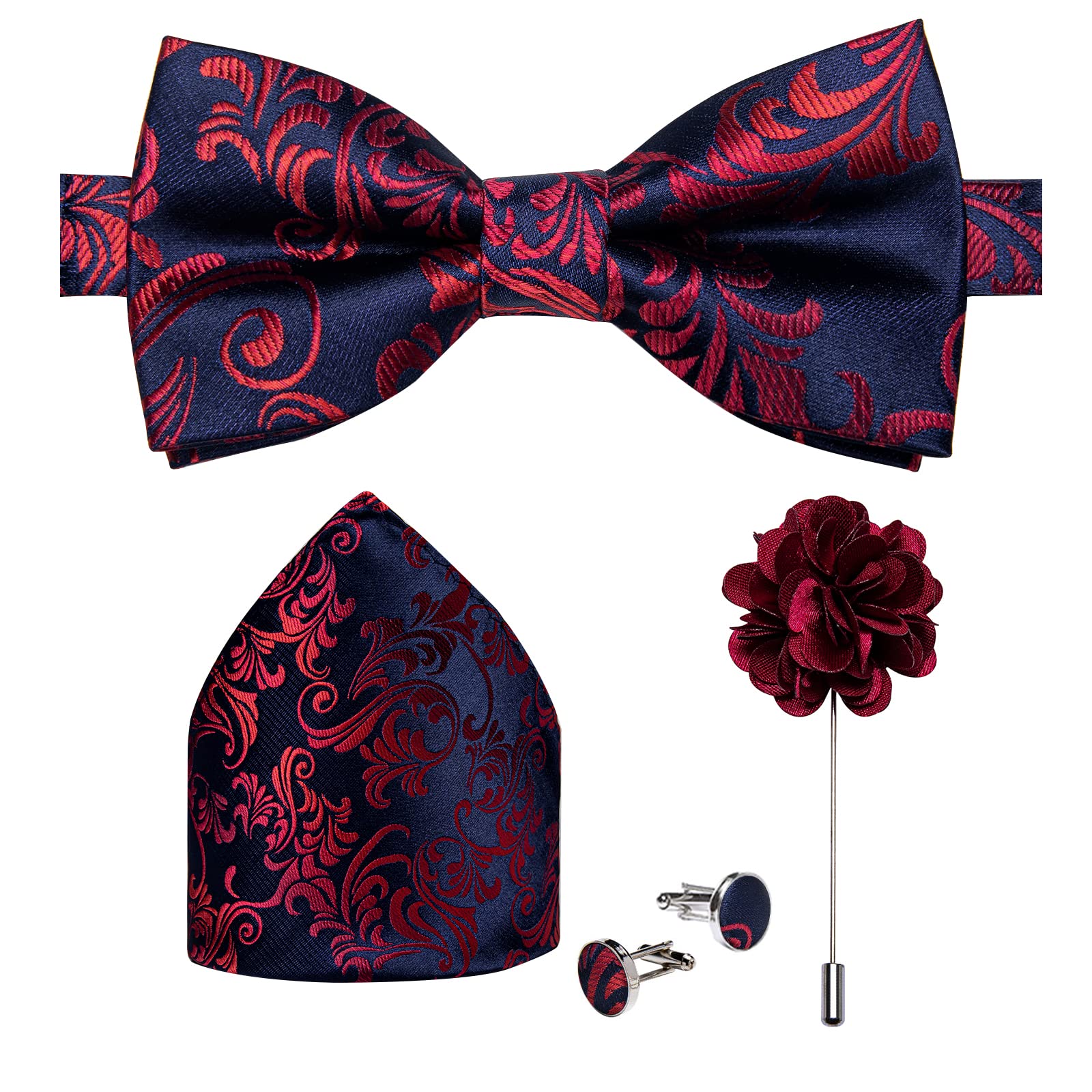 DiBanGu Men's Blue Red Jacquard Bow Tie Pocket Square Cufflinks Set with Lapel Pin Adjustable Pre-Tied Bowties for Men and boys
