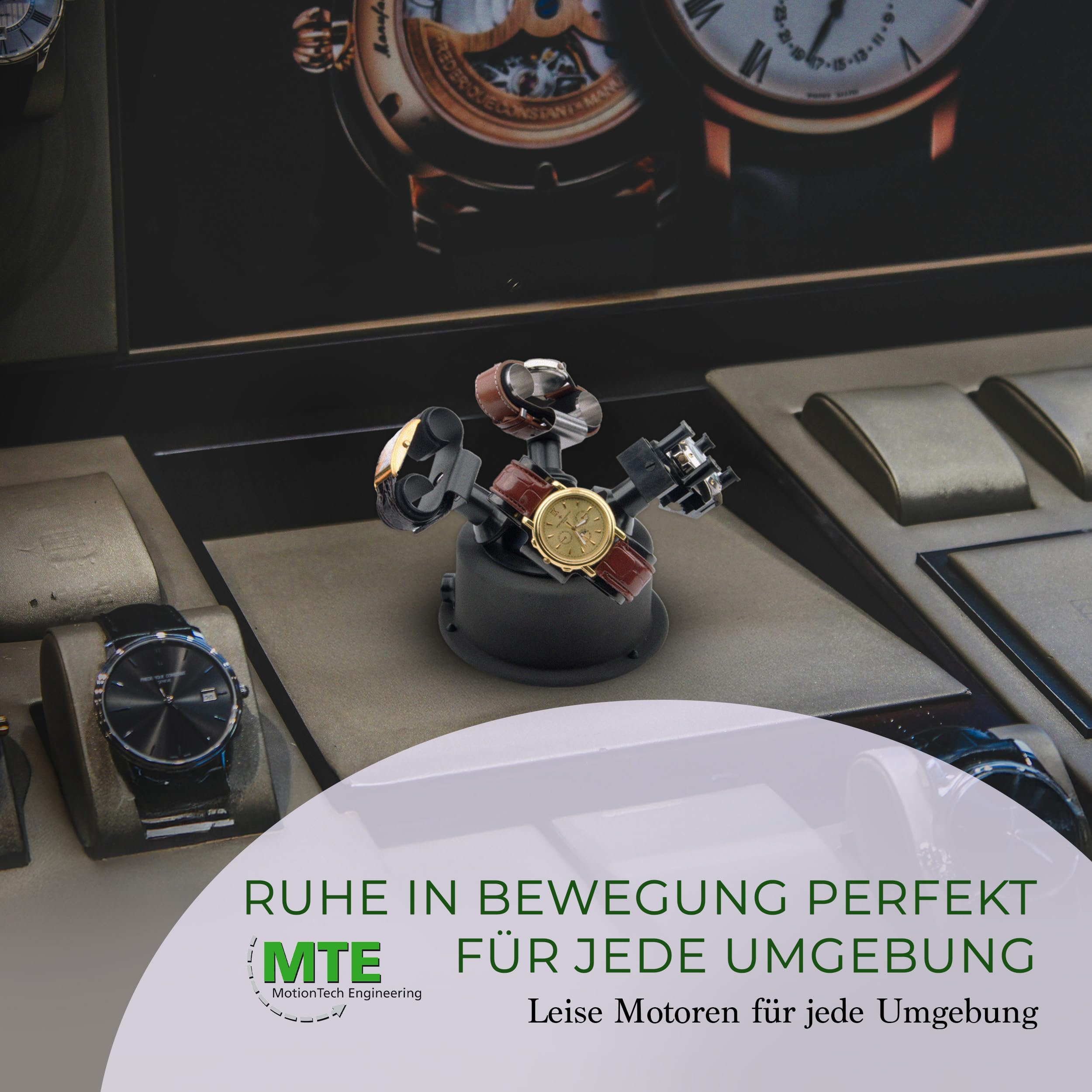 MTE Bewegungstechnik Uhrenbeweger (WTS 4 Weiß) bis zu 4 Uhren – Elektronisch gesteuerte Rotation und Pausen – Uhrenbeweger für Automatikuhren – leiser Watch Winder – Made in Germany