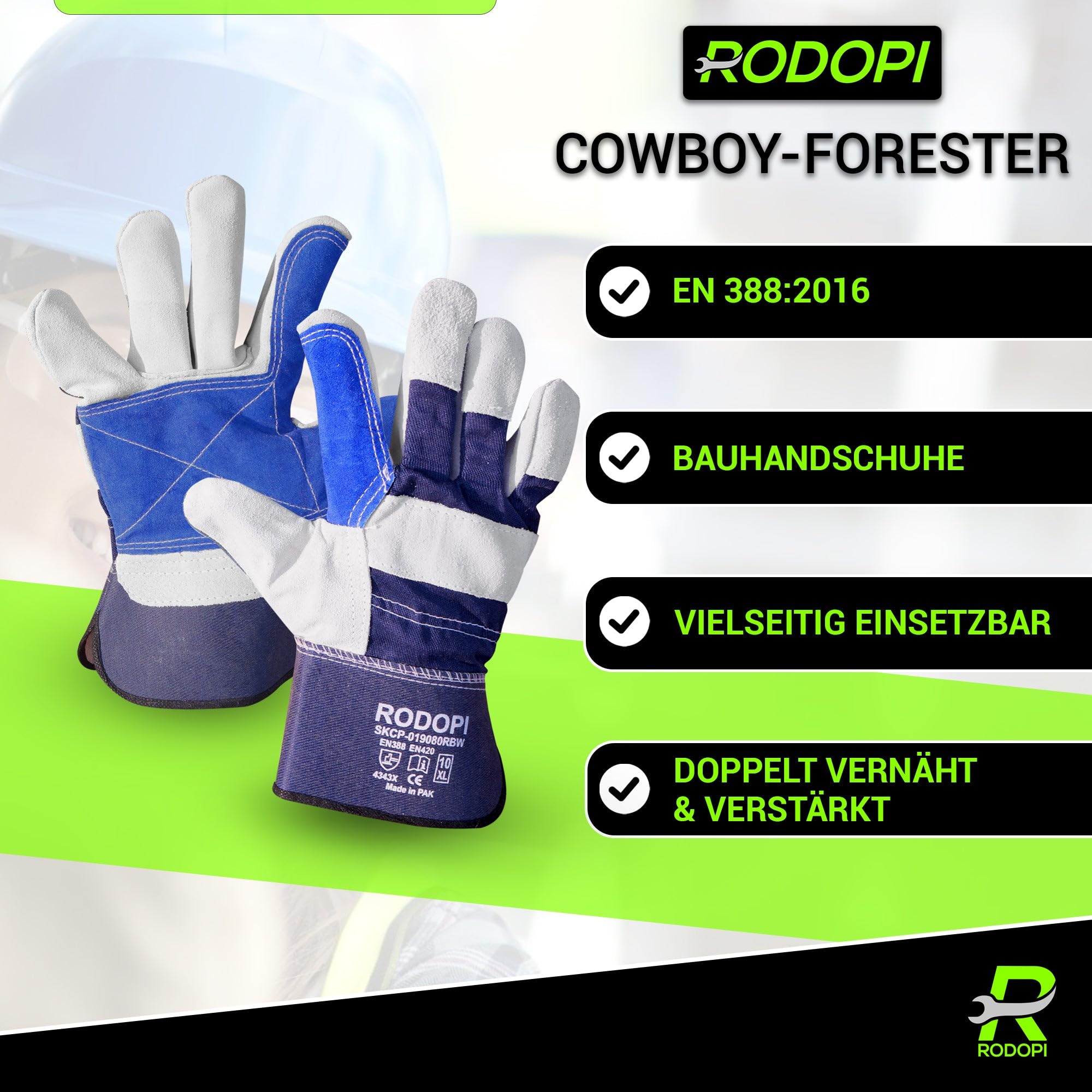 RODOPI Leder Arbeitshandschuhe Cowboy-Forester für Herren und Damen Bauhandschuhe Gr.9-10 Rindspaltleder Gartenhandschuhe dornenfest EN 388:2016 (100 Paar, 9)
