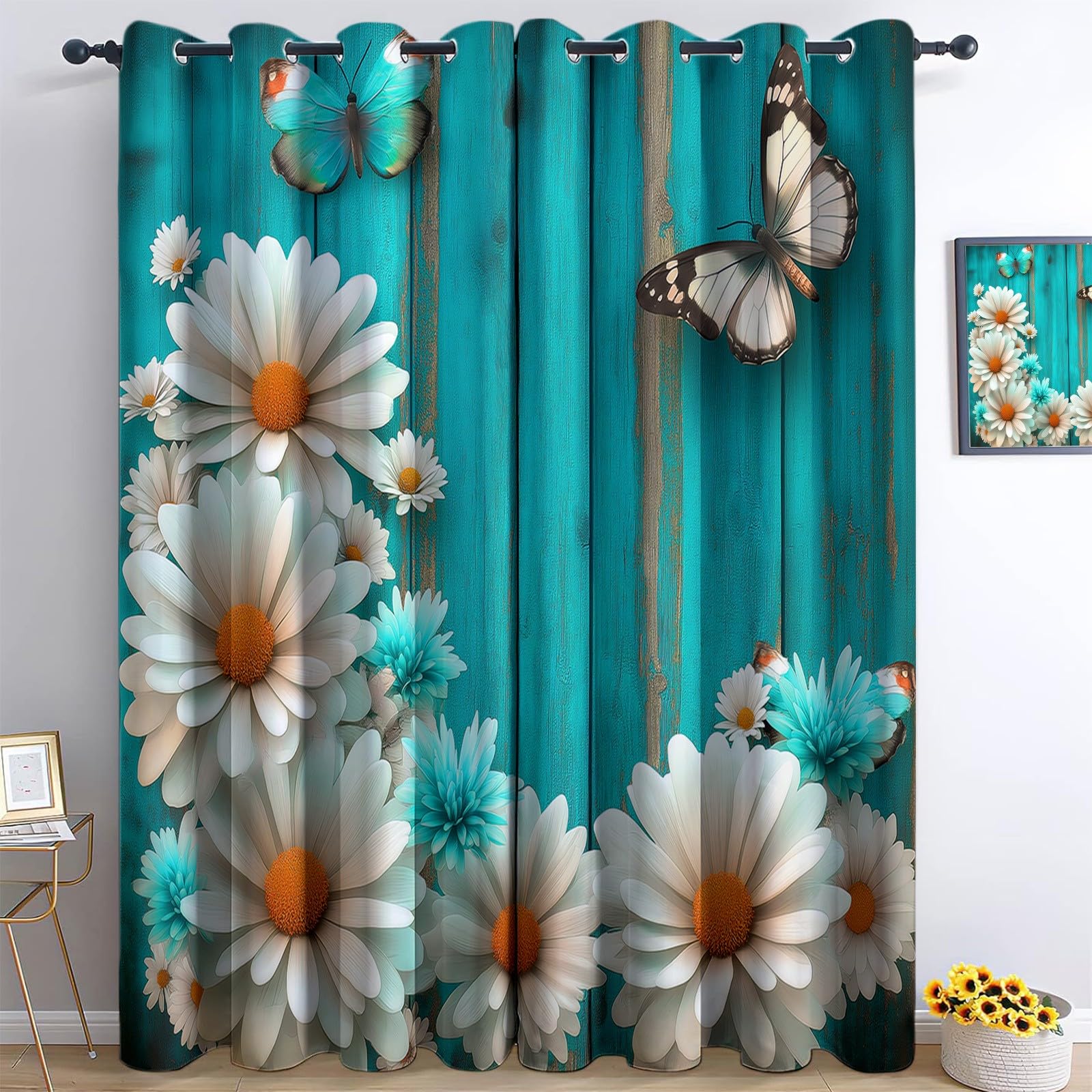 Zasłony zaciemniające 3D, kwiaty, stokrotki, motyle, termiczne, ochrona przed zimnem, ochrona przed hałasem, nieprzejrzyste, do sypialni, 234 x 229 cm, niebiesko-zielone, zestaw 2 sztuk