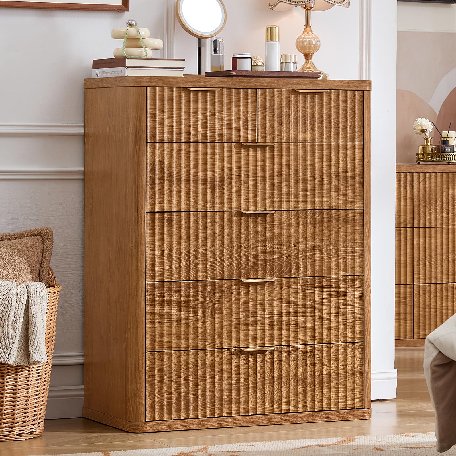 LEYAOYAO Fluted 6 Drawers Dresser for Bedroom, 42" Tall Modern Chest of Drawers with Metal Handle,Curved Profile Design,Wood Drawer Organizer for Bedroom, Living Room, Hallway, Brown