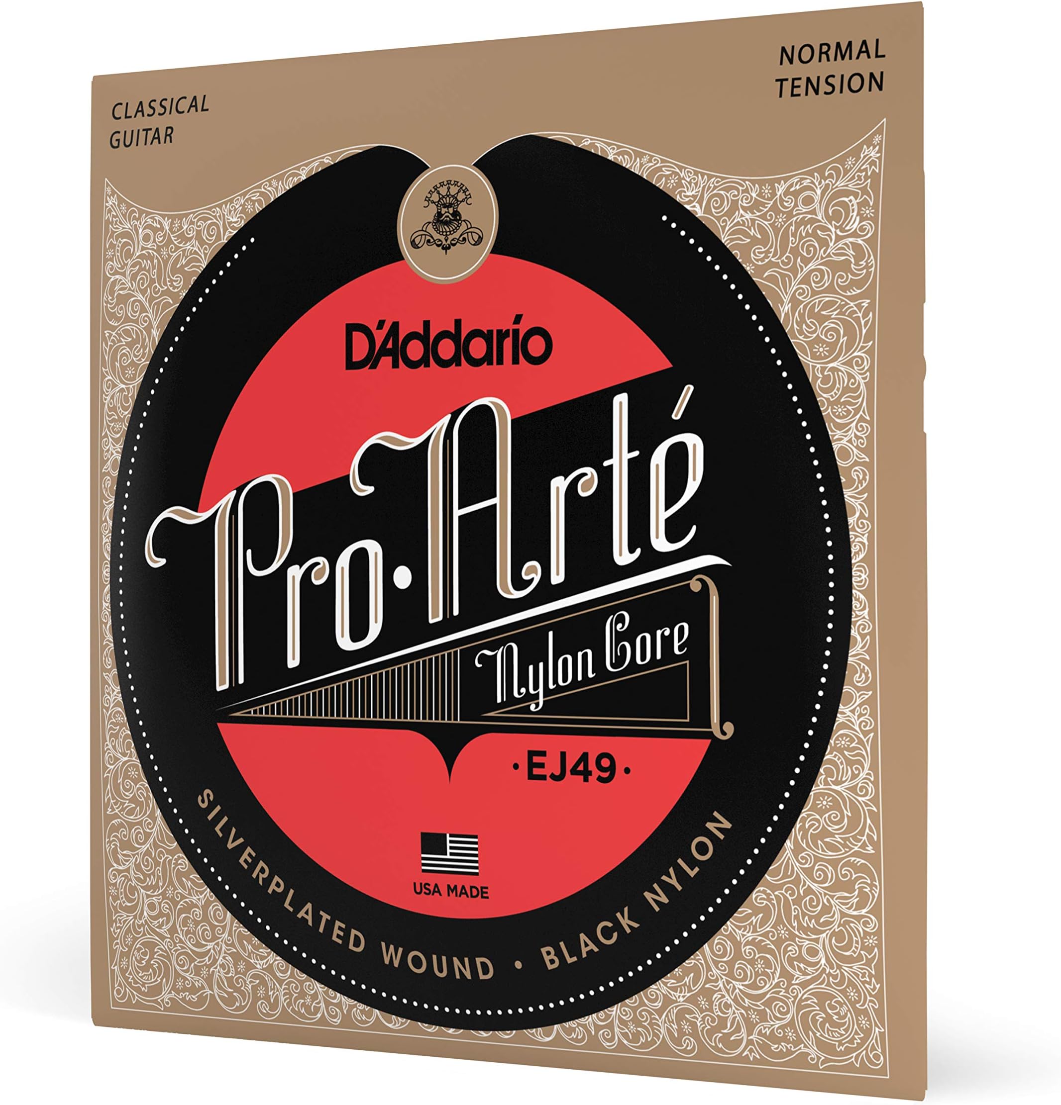 D'Addario Guitar Strings - Pro-Arte Classical Guitar Strings - EJ49 - Nylon Guitar Strings - Silver Plated Wound, Black Nylon Core - Normal Tension