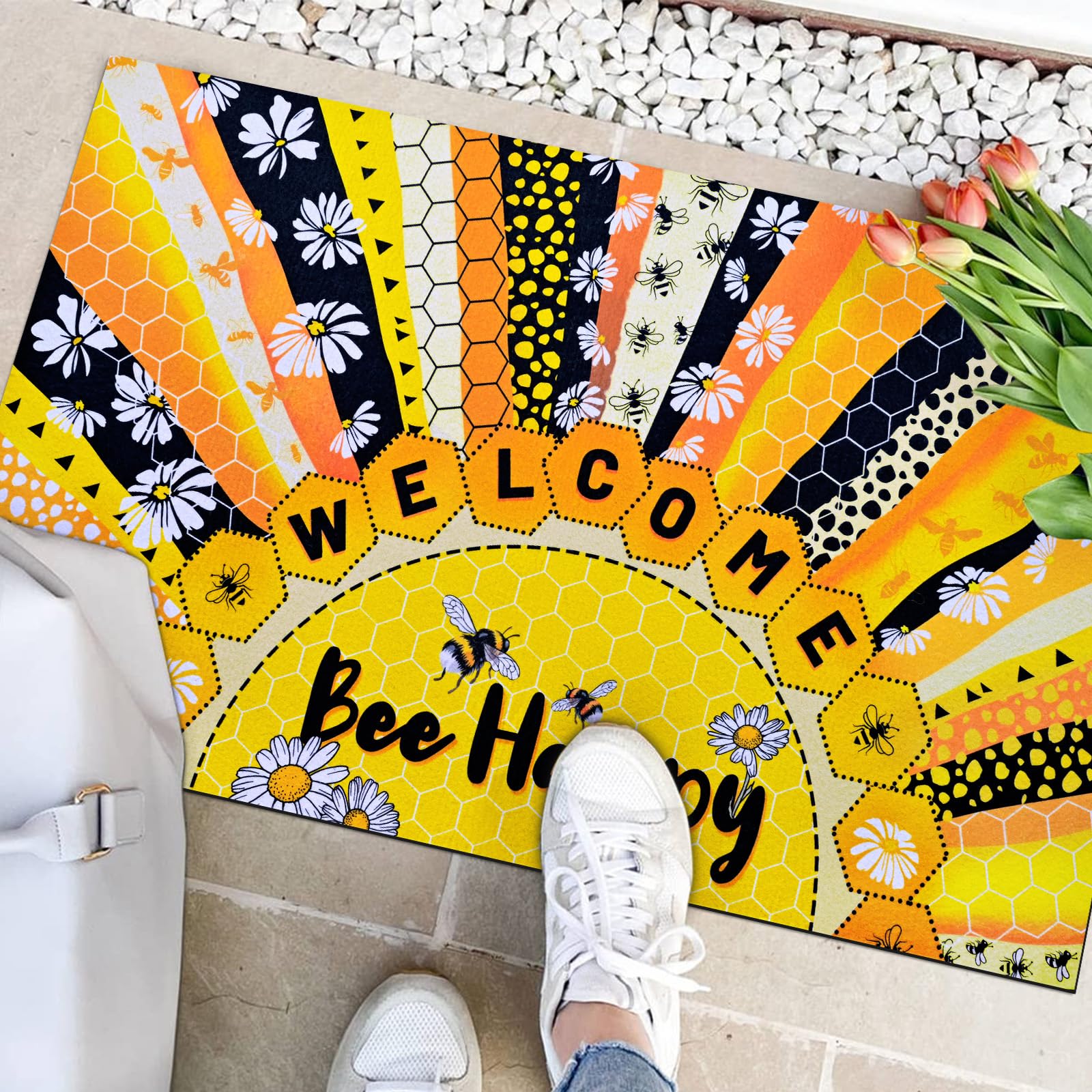 Likiyol Door Mat Indoor Entrance, Bee Welcome Mat, Bee Happy Front Door Mat, Folral Non Slip Doormat Outdoor Indoor Entrance, Low Profile, Absorbent, 18