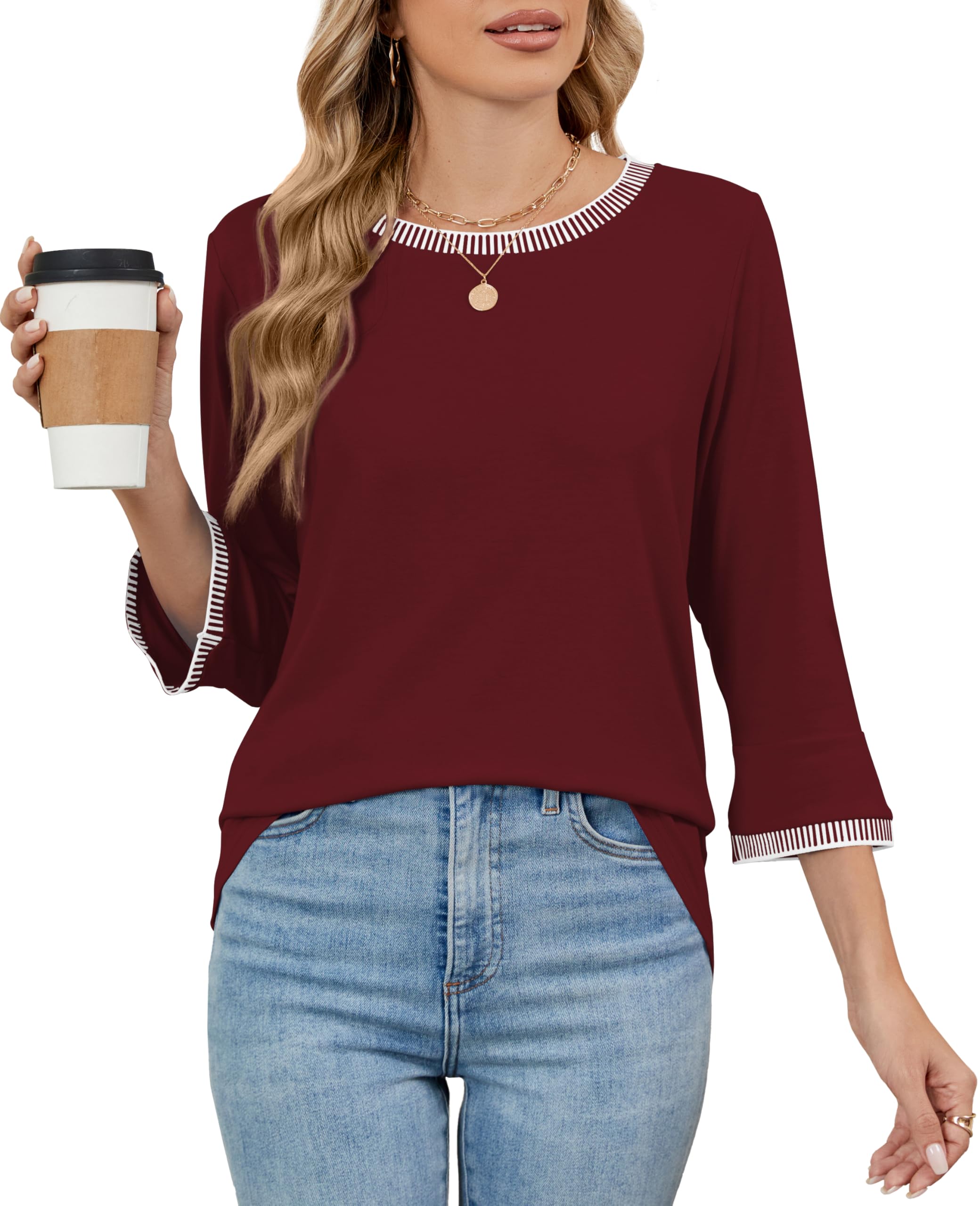 Poetsky 3/4 Length Sleeve Womens Tops Dressy Casual Crewneck Striped Colorblock Loose Trendy Summer Tunic T Shirt Blouse