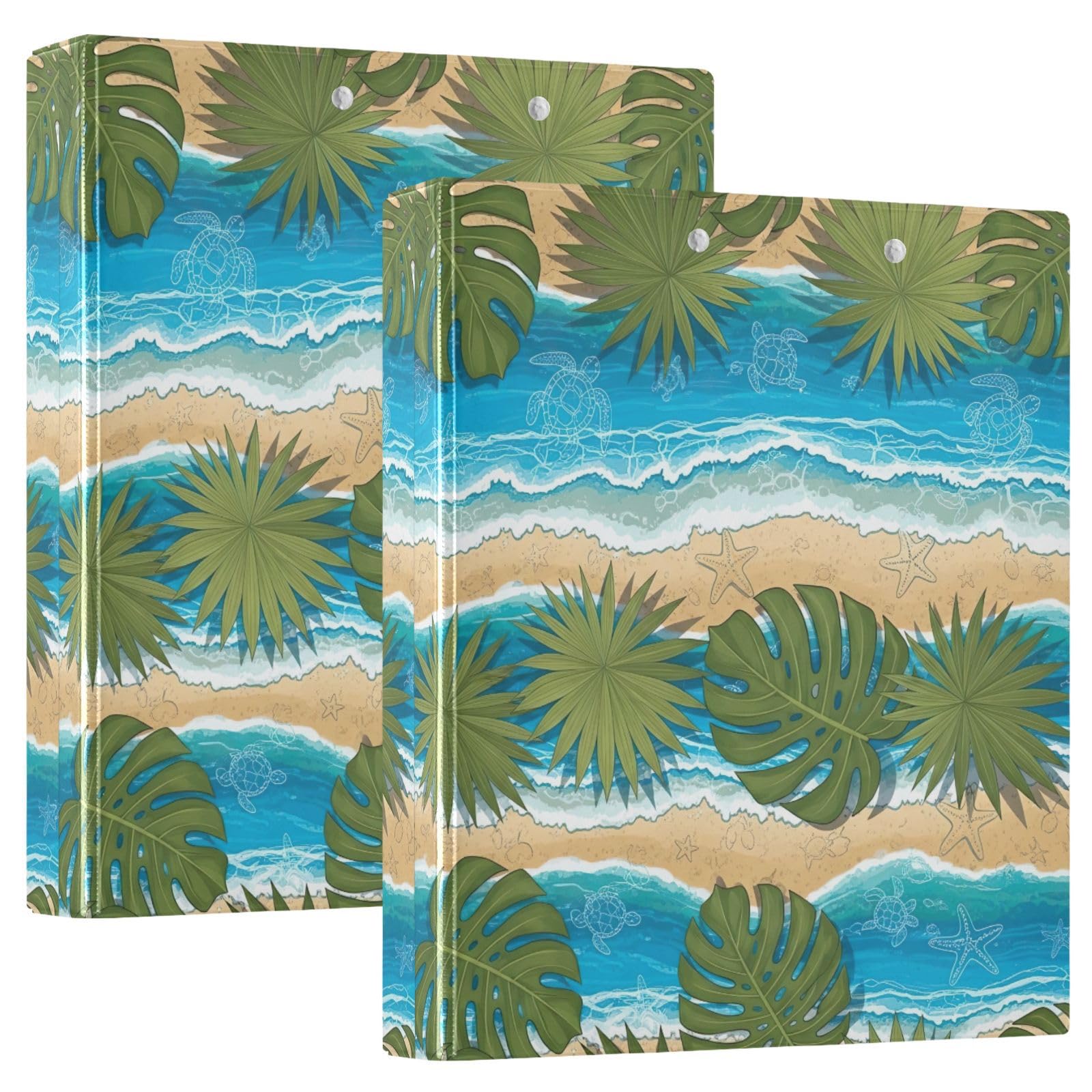 Raccoglitore a 3 anelli con foglie di palma tropicale, blu oceano, con portablocco, confezione da 2